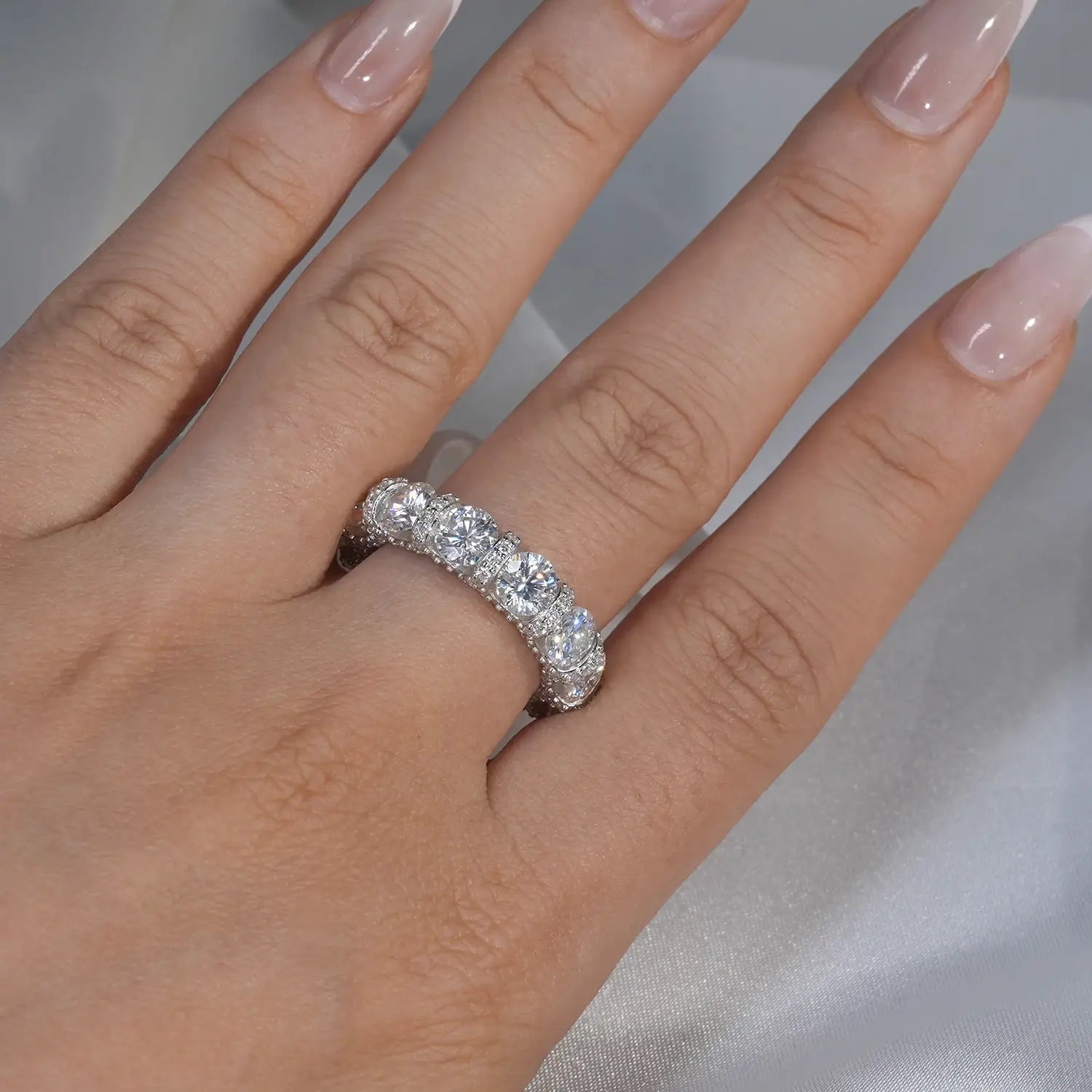 Round Cut Eternity Three-Sided Pave Moissanite Diamond Ring