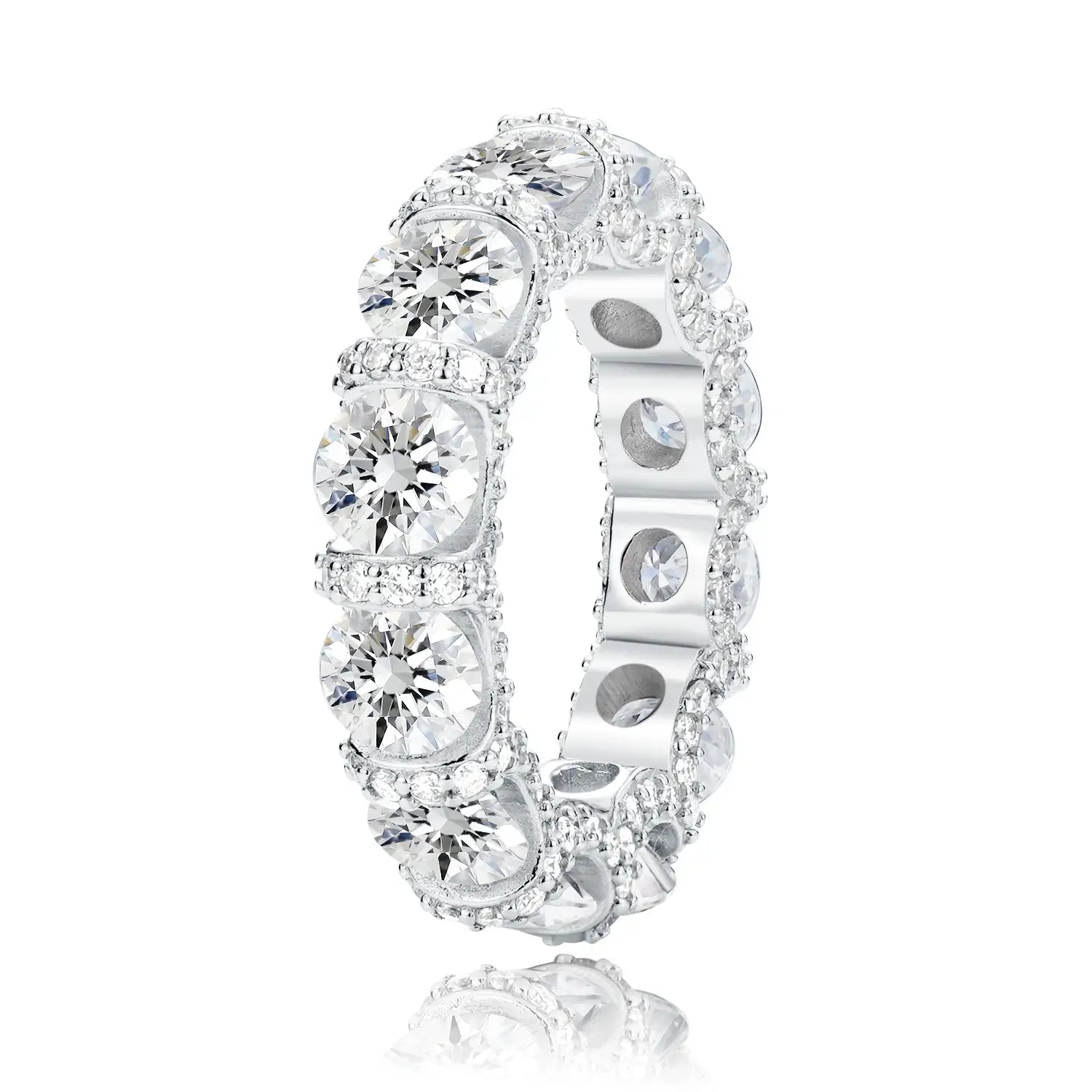 Round Cut Eternity Three-Sided Pave Moissanite Diamond Ring