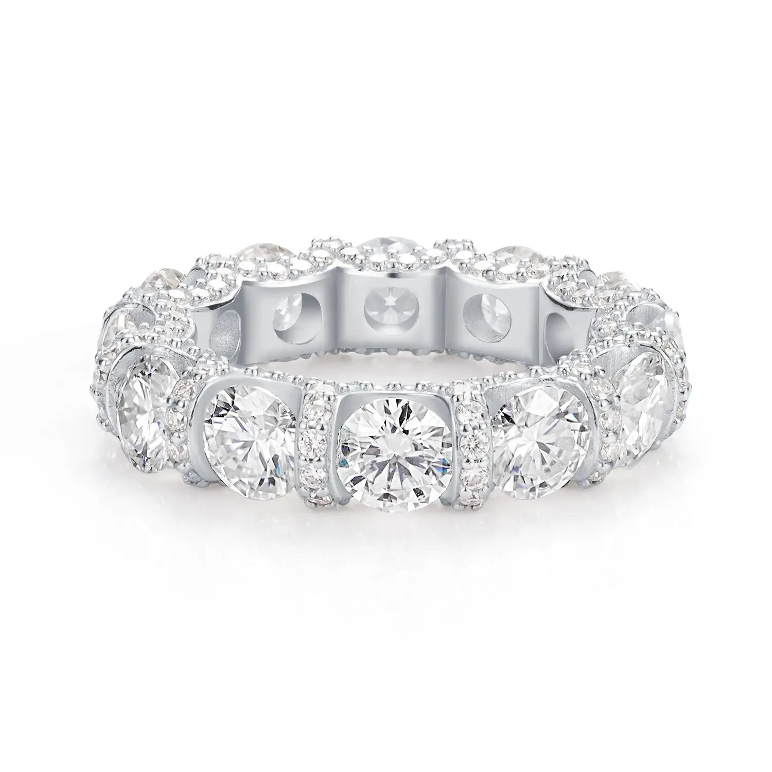 Round Cut Eternity Three-Sided Pave Moissanite Diamond Ring
