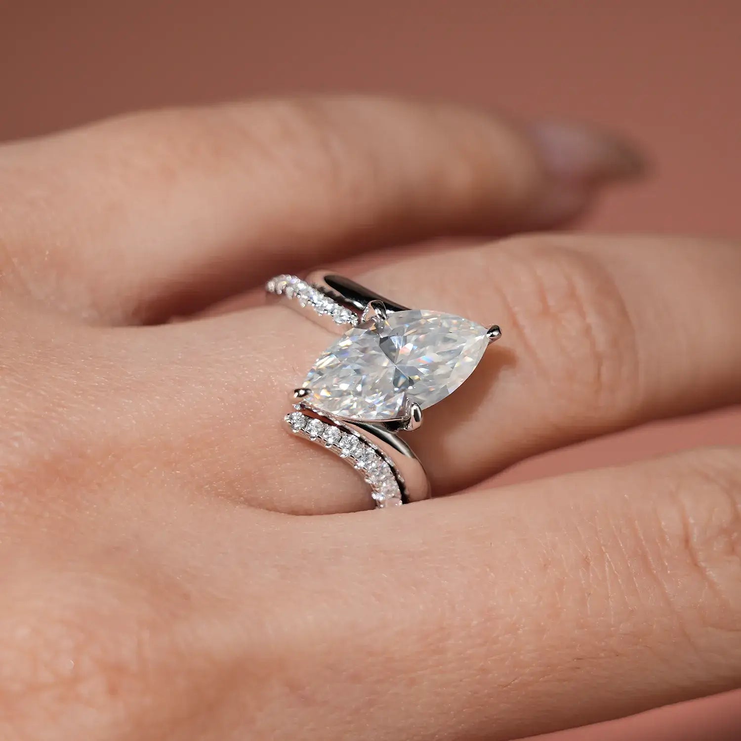 Bypass Solitaire Marquise Cut Moissanite Diamond Engagement Ring