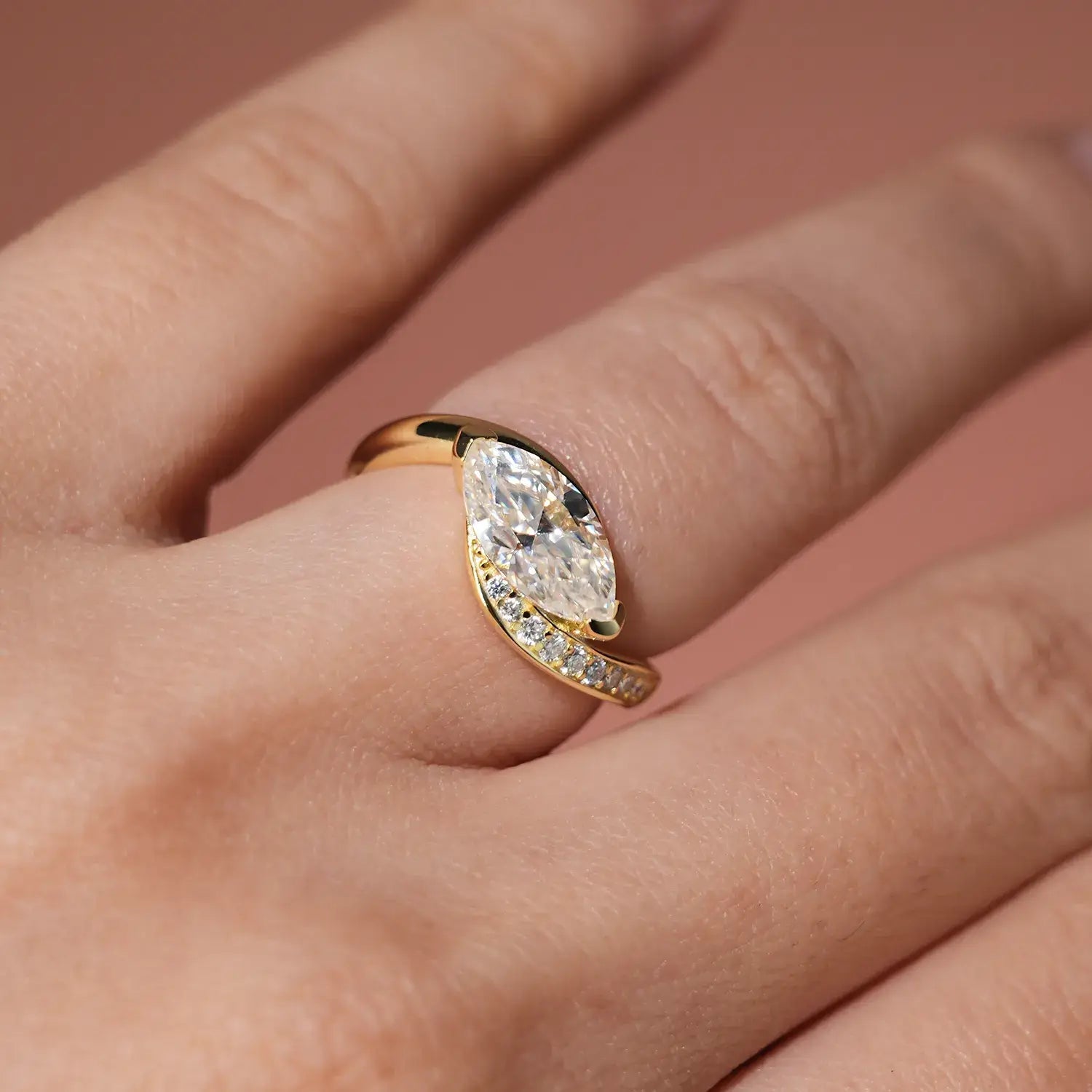 Bypass Eastwast Marquise Cut Moissanite Diamond Channel Pave Engagement Ring