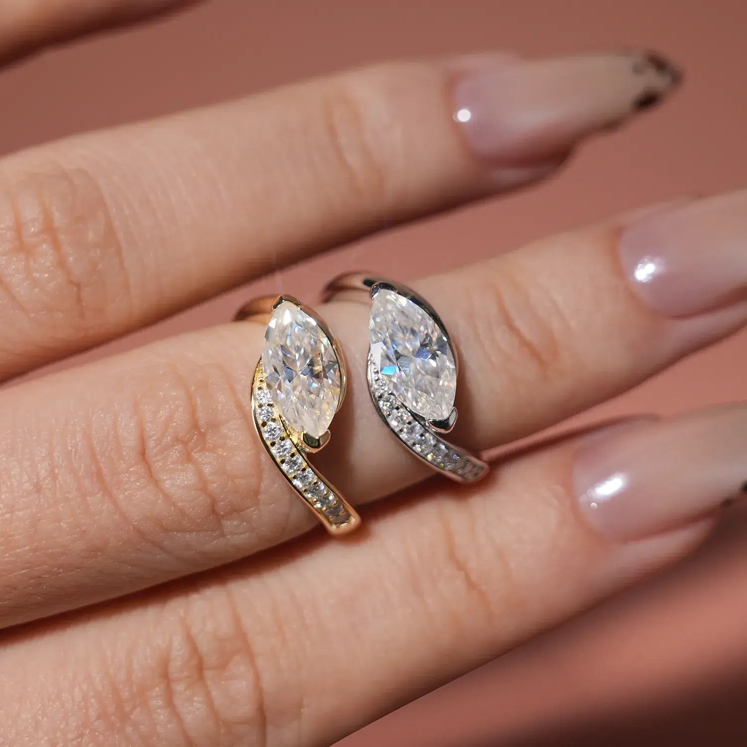 Bypass Eastwast Marquise Cut Moissanite Diamond Channel Pave Engagement Ring