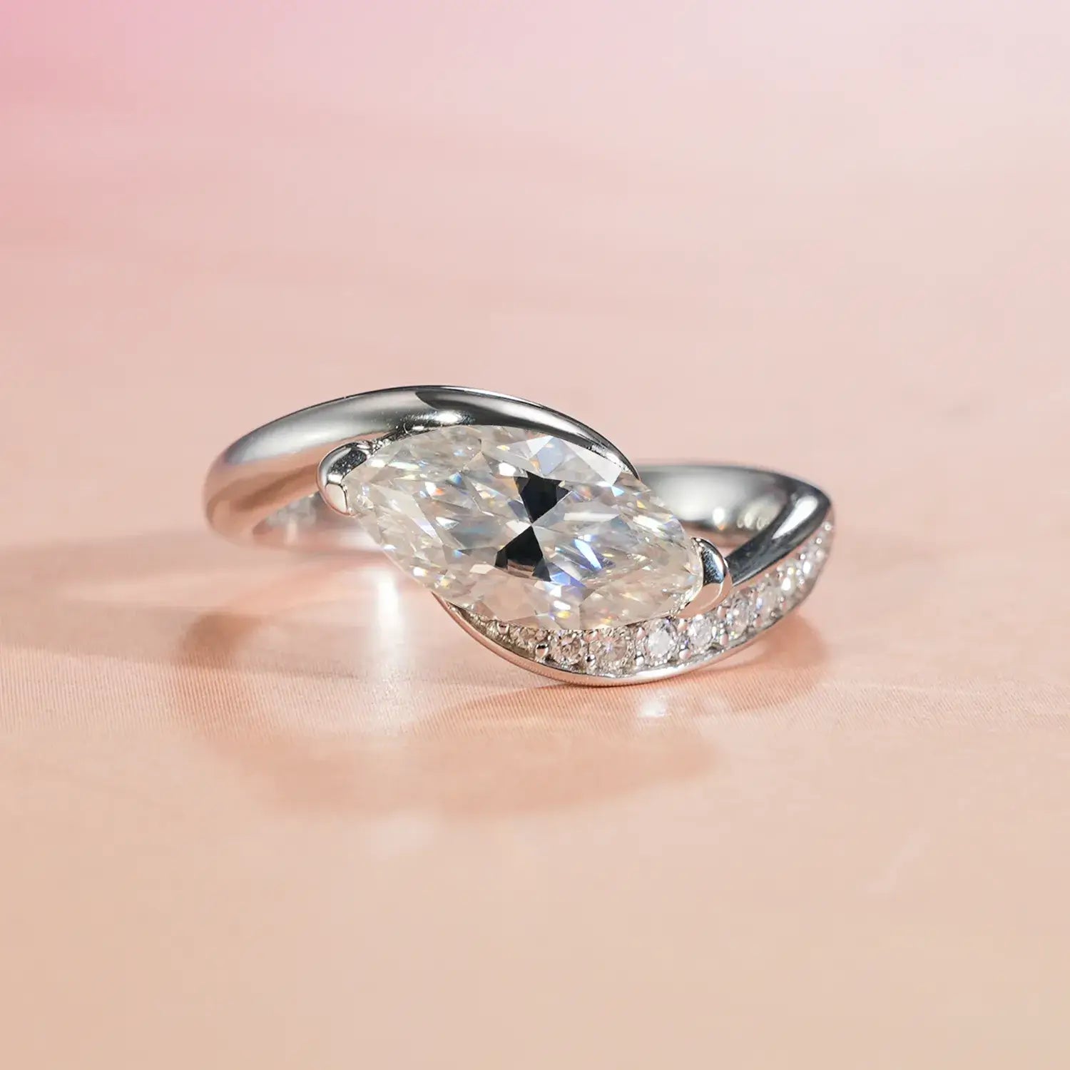 Bypass Eastwast Marquise Cut Moissanite Diamond Channel Pave Engagement Ring