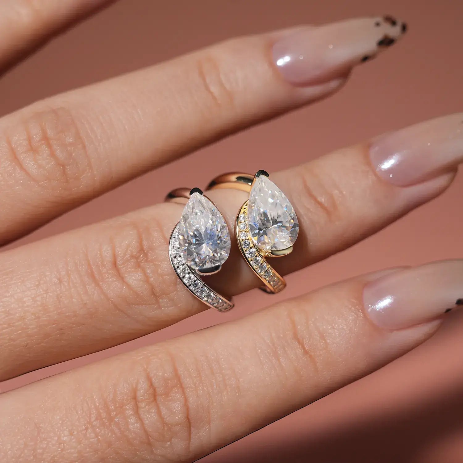 Bypass Eastwast Pear Cut Moissanite Diamond Channel Pave Engagement Ring