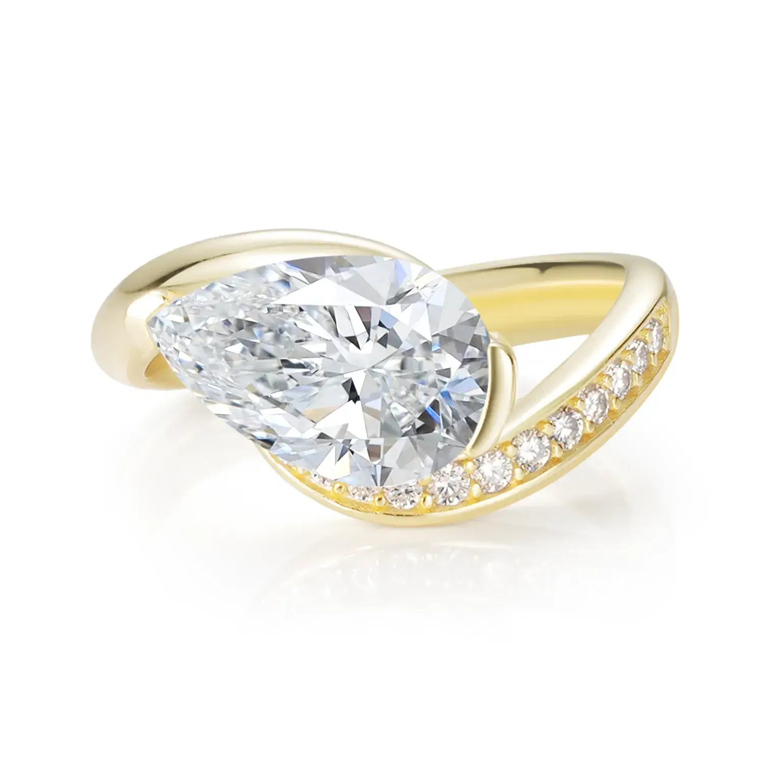 Bypass Eastwast Pear Cut Moissanite Diamond Channel Pave Engagement Ring