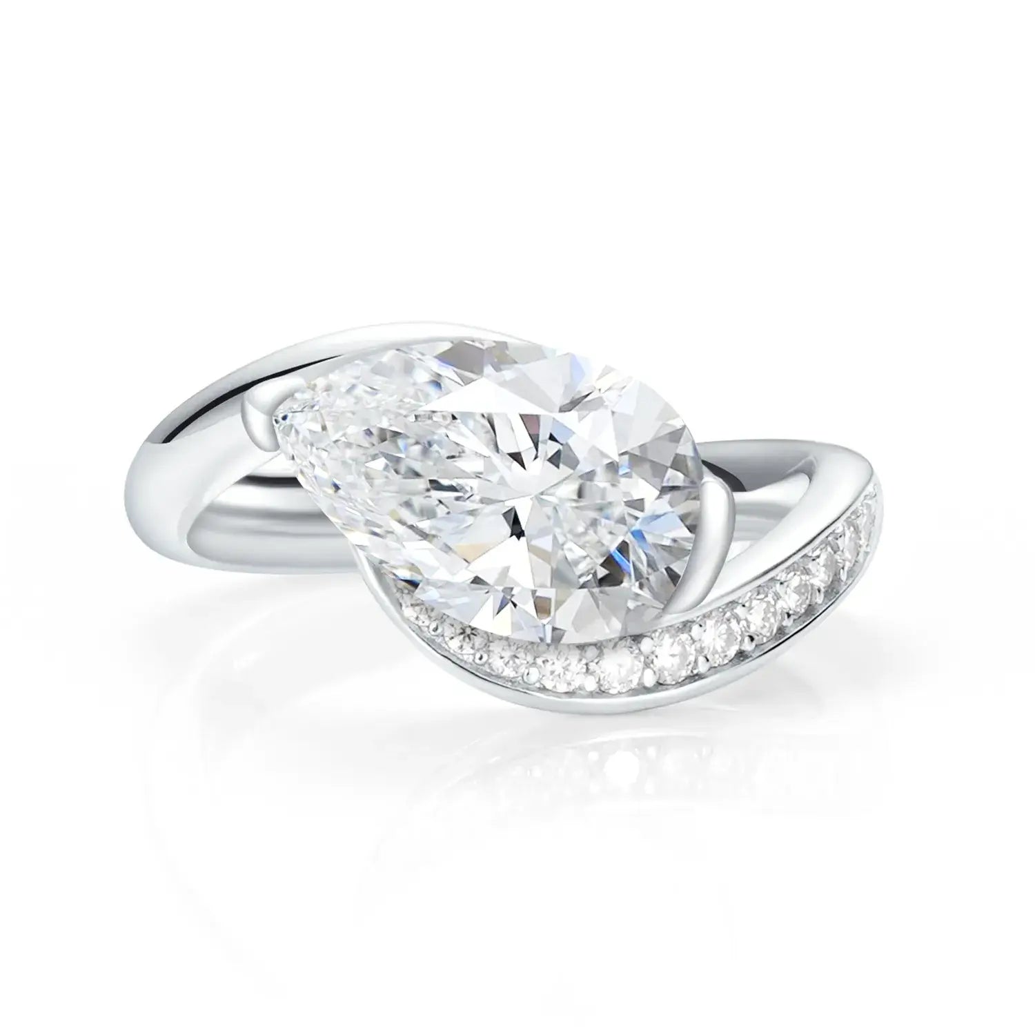Bypass Eastwast Pear Cut Moissanite Diamond Channel Pave Engagement Ring