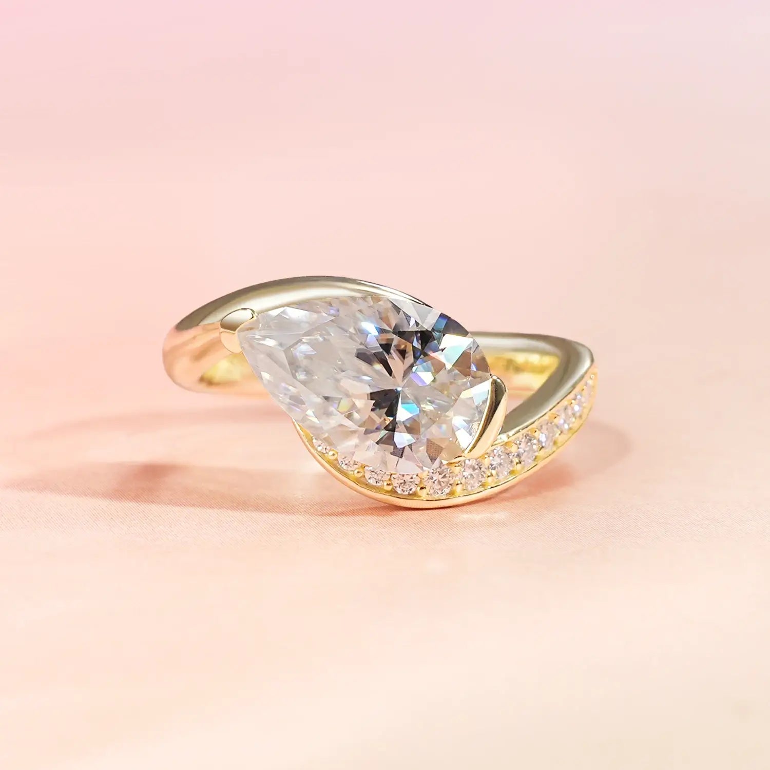 Bypass Eastwast Pear Cut Moissanite Diamond Channel Pave Engagement Ring