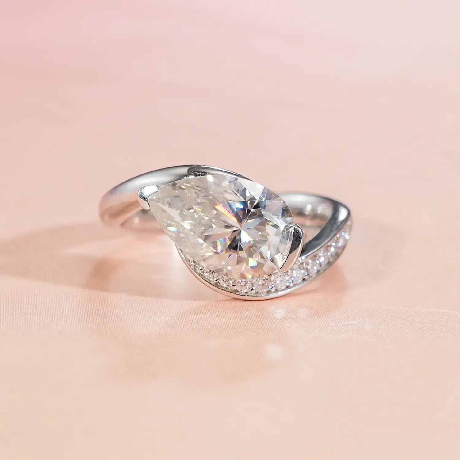 Bypass Eastwast Pear Cut Moissanite Diamond Channel Pave Engagement Ring