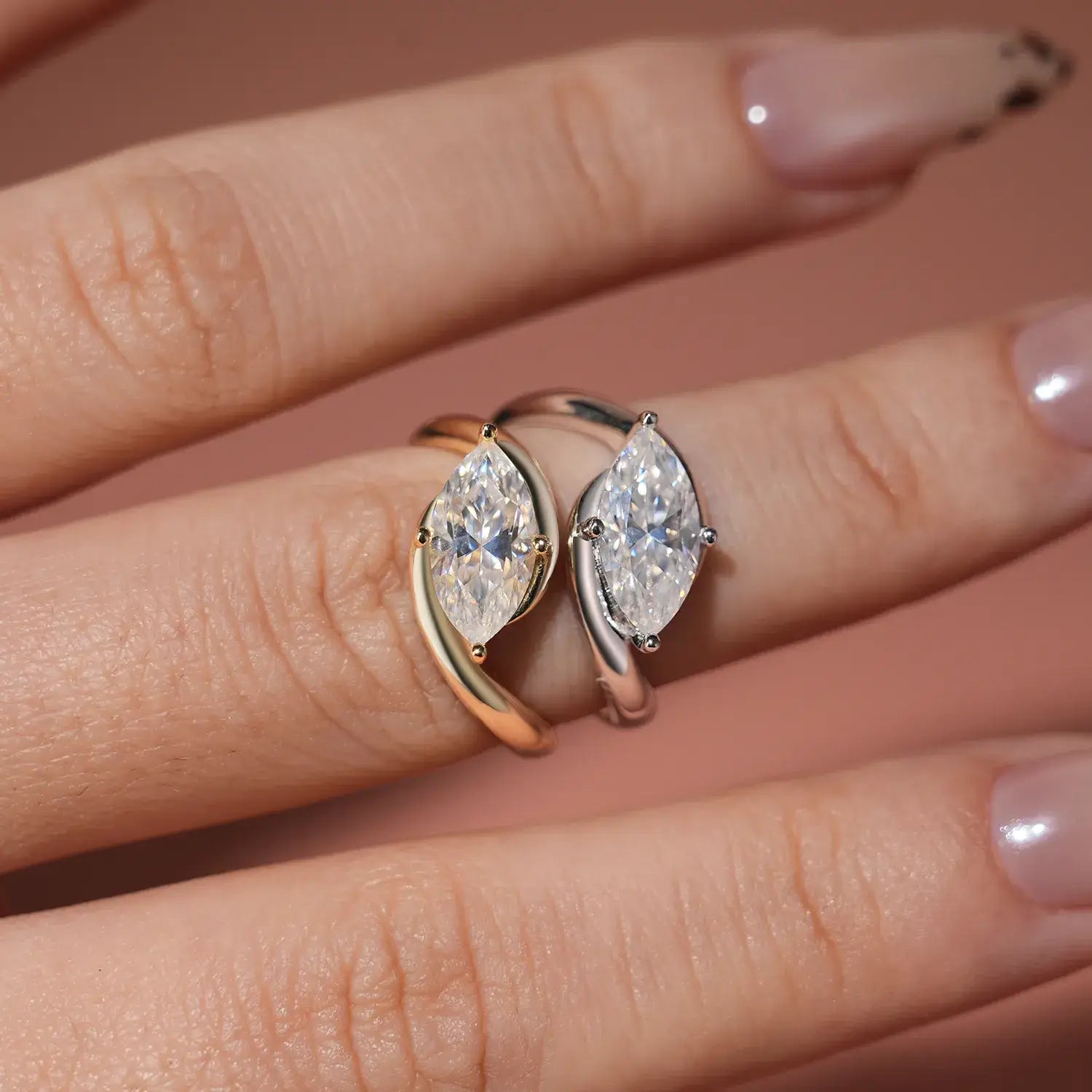 Bypass Eastwast Marquise Cut Moissanite Diamond Engagement Ring