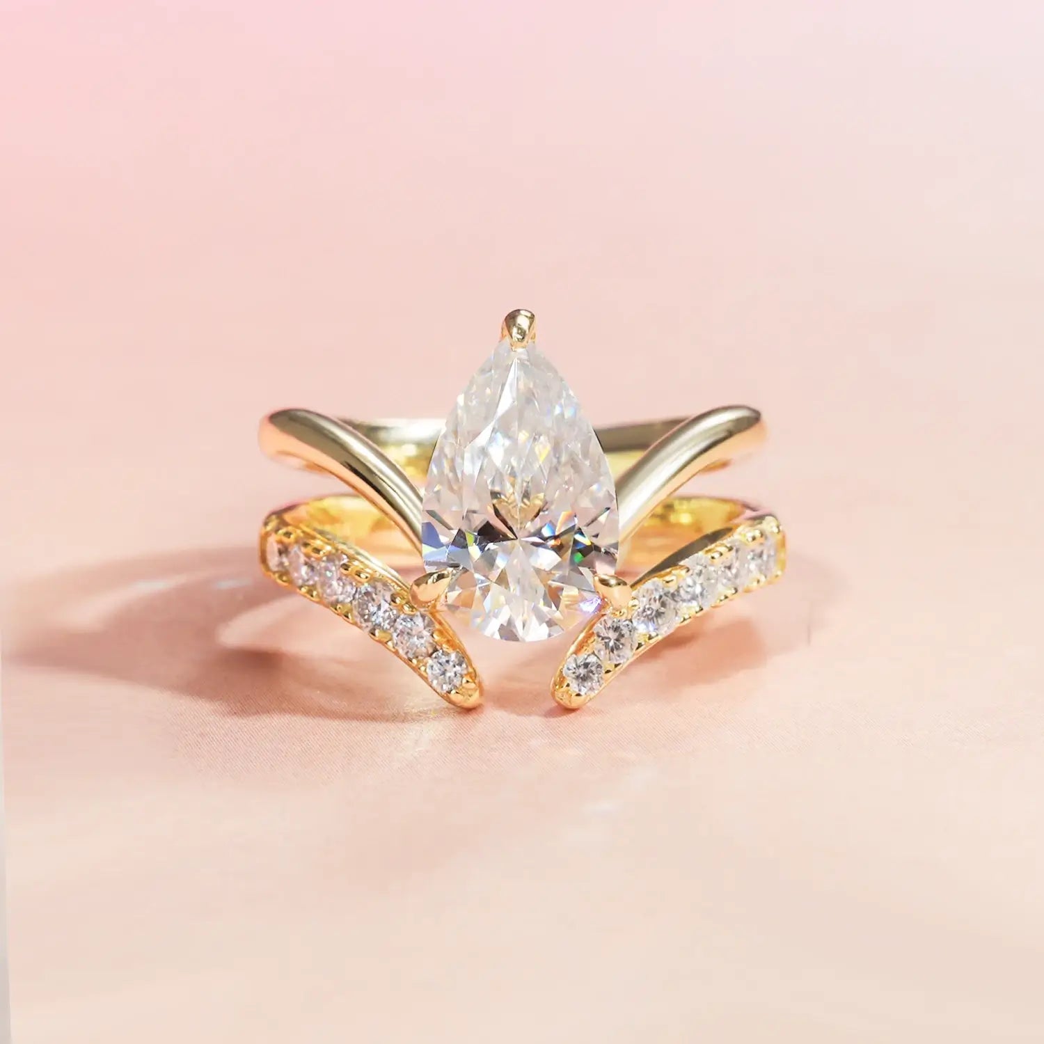 Chevron Pear Cut Moissanite Diamond Solitaire Stackable Engagement Ring