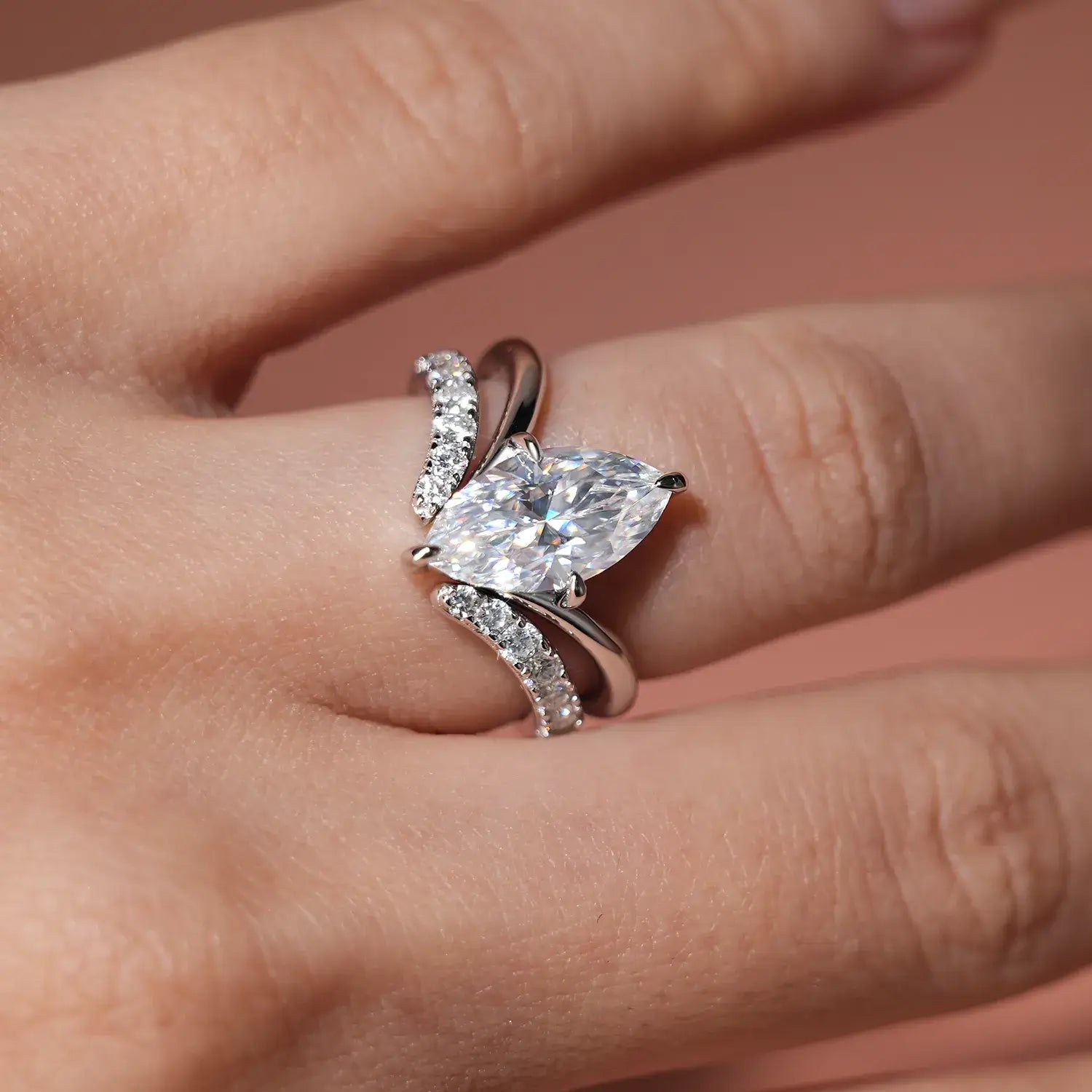 Chevron Marquise Cut Moissanite Diamond Solitaire Engagement Ring