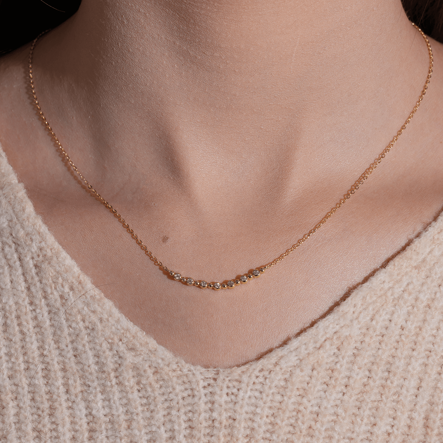 14K Gold Plated Round Bezel Moissanite Curved Necklace