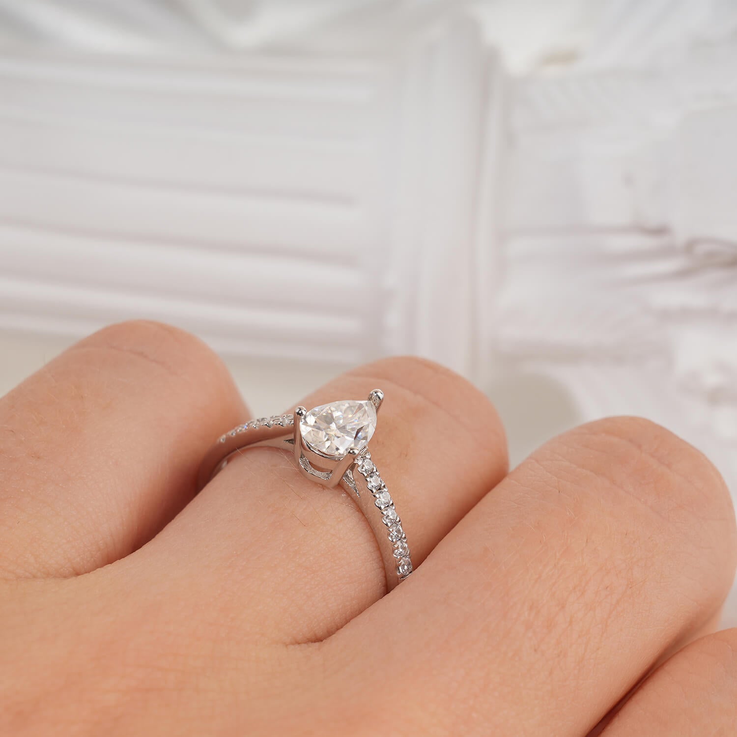 Solitaire Pear Pave Moissanite Cassic Engagement Ring
