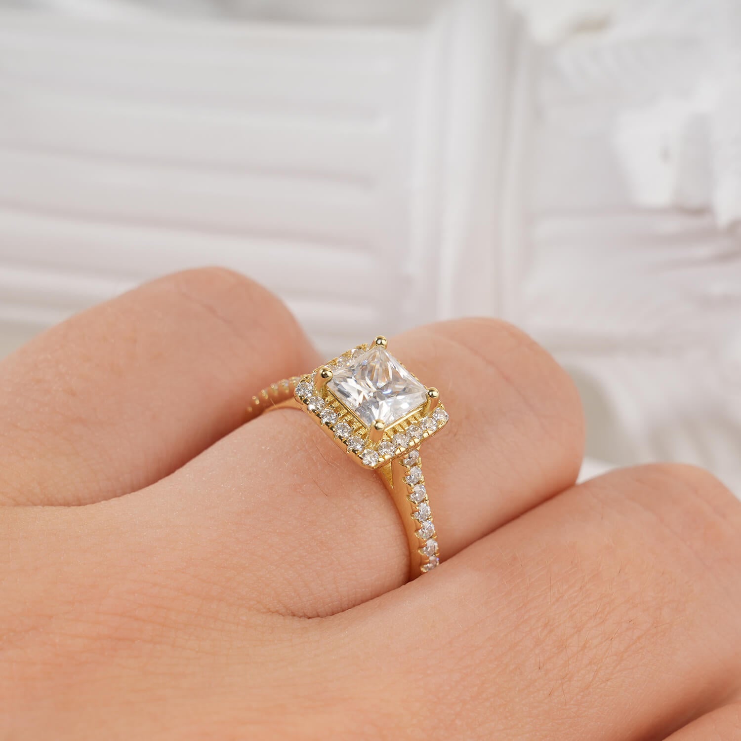 Princess Cut Squared Halo Moissanite Engagement Ring