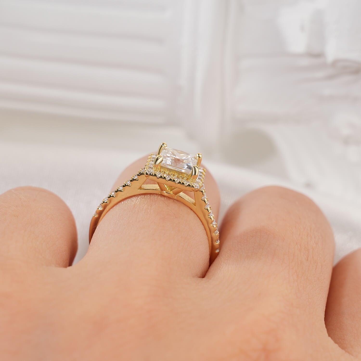 Princess Cut Squared Halo Moissanite Engagement Ring