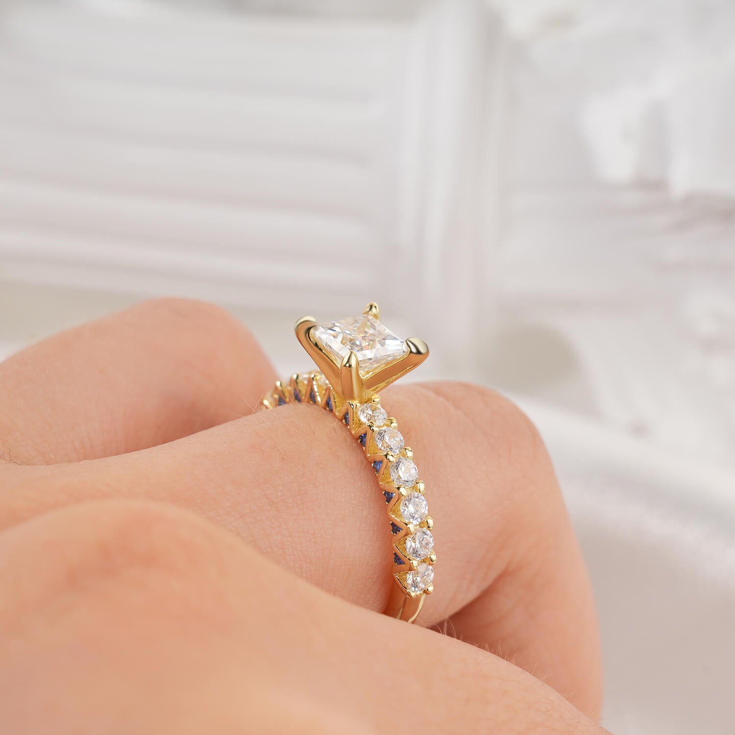 1CT Princess Cut Moissanite Accents Engagement Ring