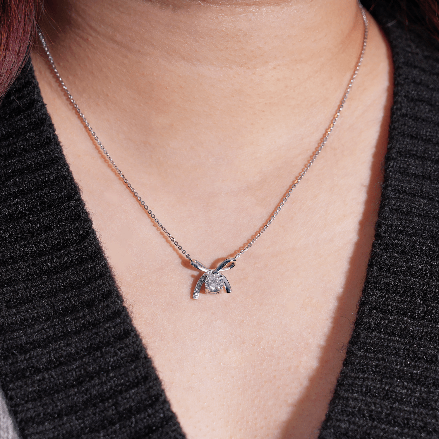 14K Gold Plated 1CT Round Cut Moissanite Bow Setting Necklace