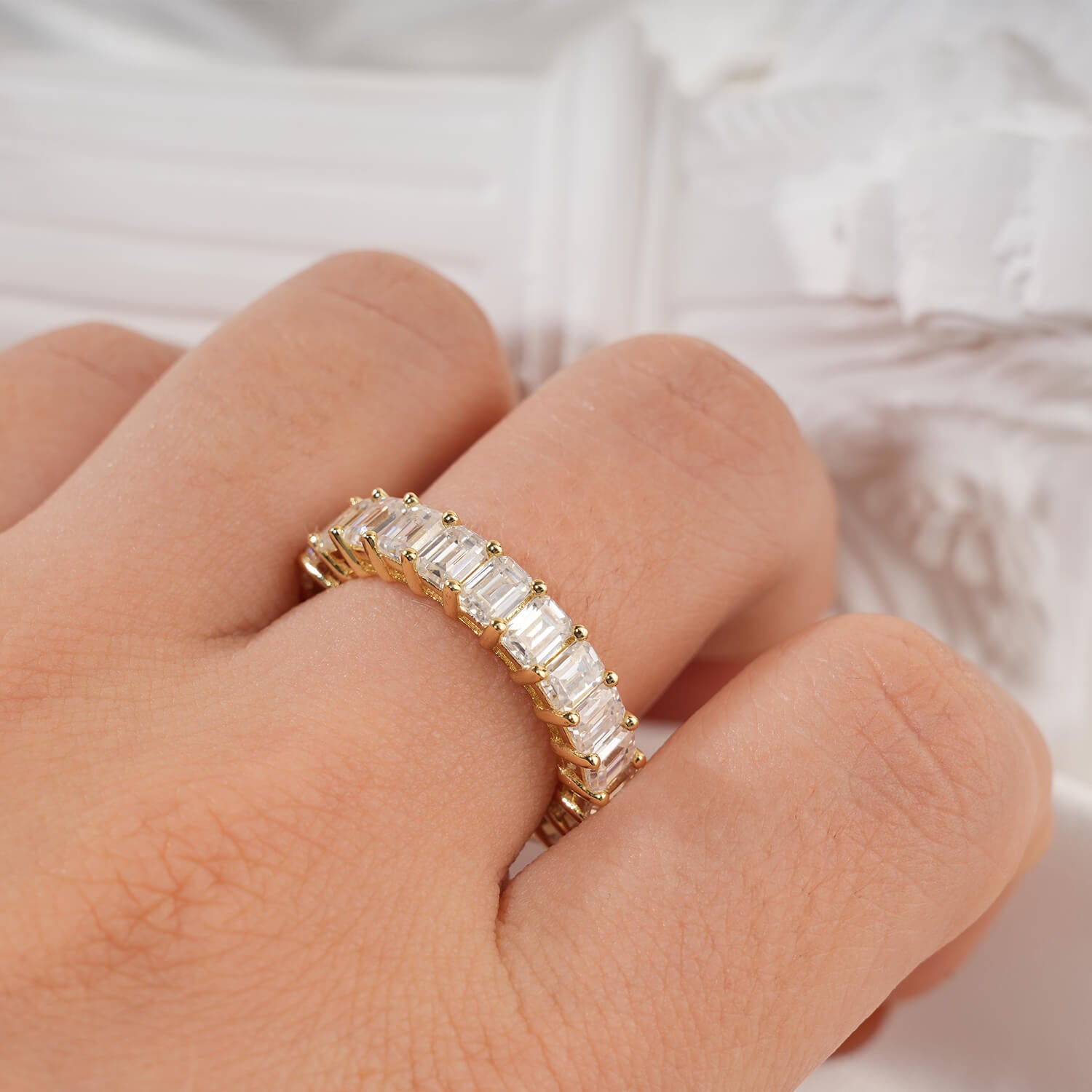 Emerald Cut Shared Prong Full Moissanite Band