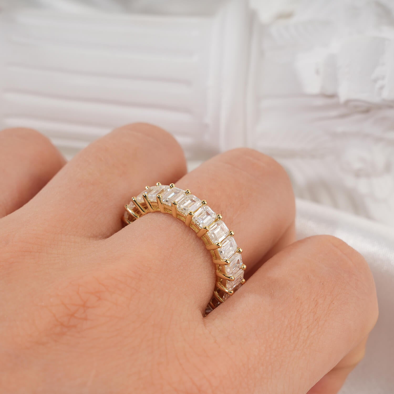 Emerald Cut Shared Prong Full Moissanite Band