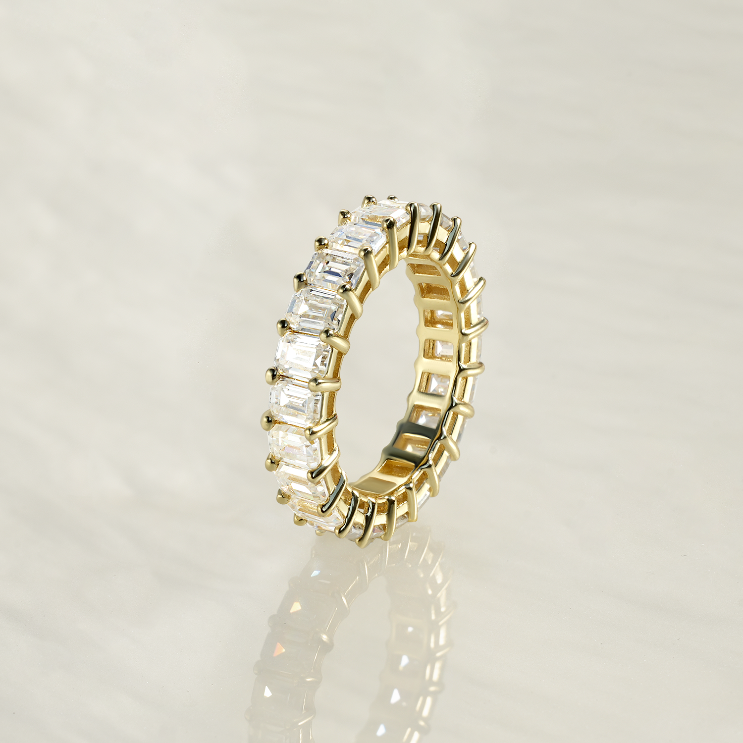 Emerald Cut Shared Prong Full Moissanite Band