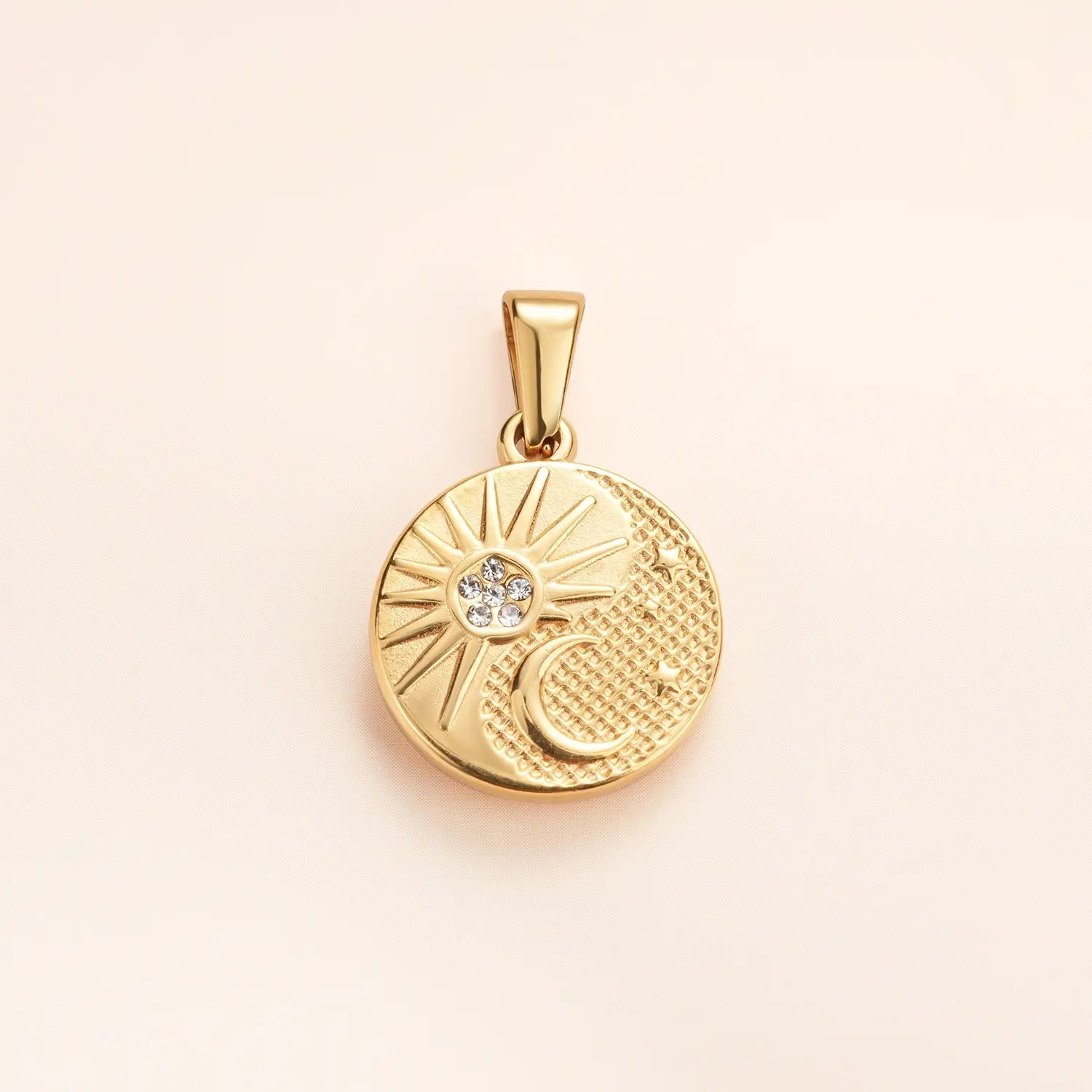 Dainty Gold Moon and Star Medallion Crescent Moon Round Disc Charm