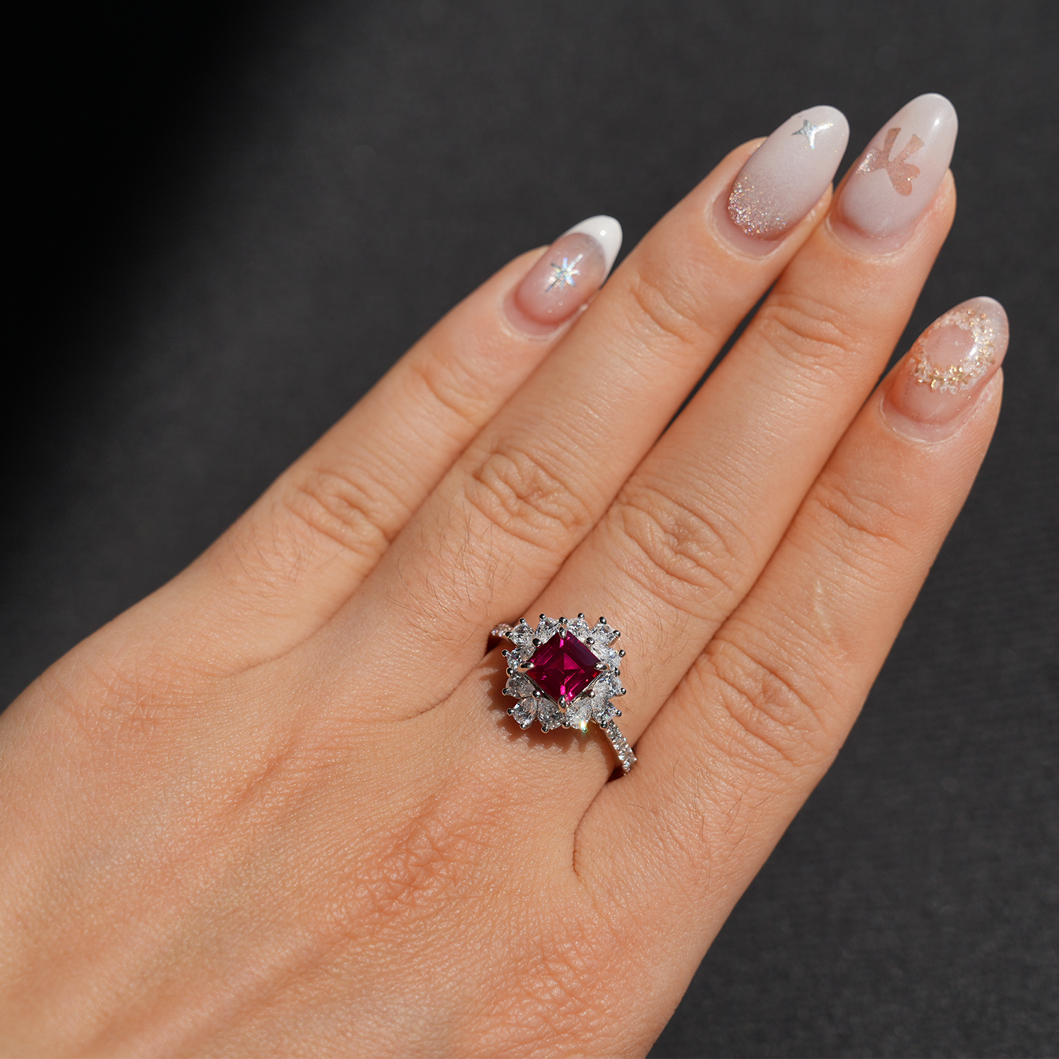 1CT Asscher Cut Elegant Spleark pattern Synthetic-ruby Ring