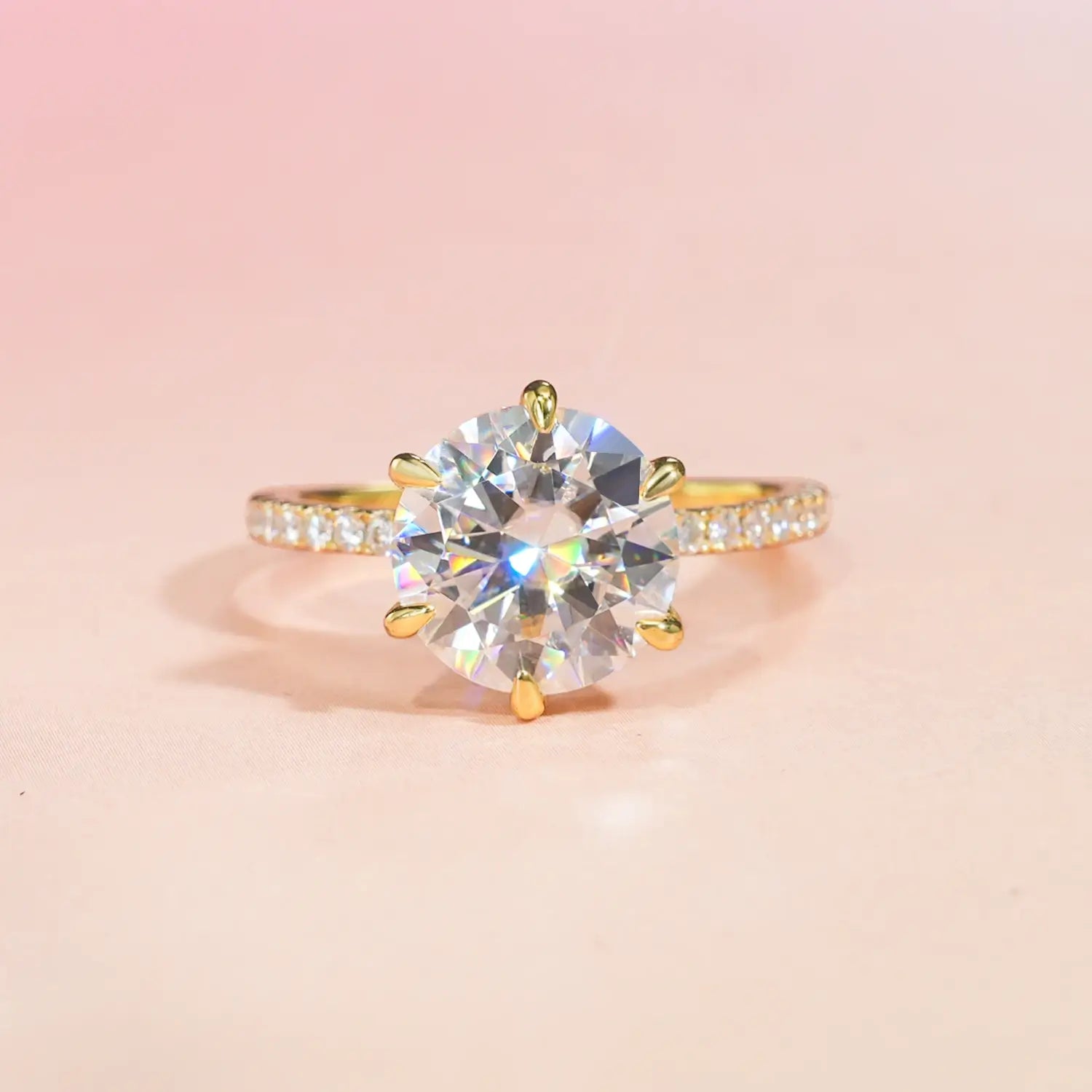 14K Gold Plated Hidden Halo Round Brilliant Cut Moissanite Diamond Accent Engagement Ring