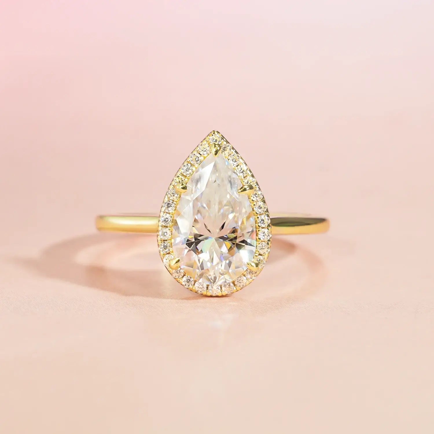 14K Gold Plated Halo Pear Cut Moissanite Diamond Engagement Ring
