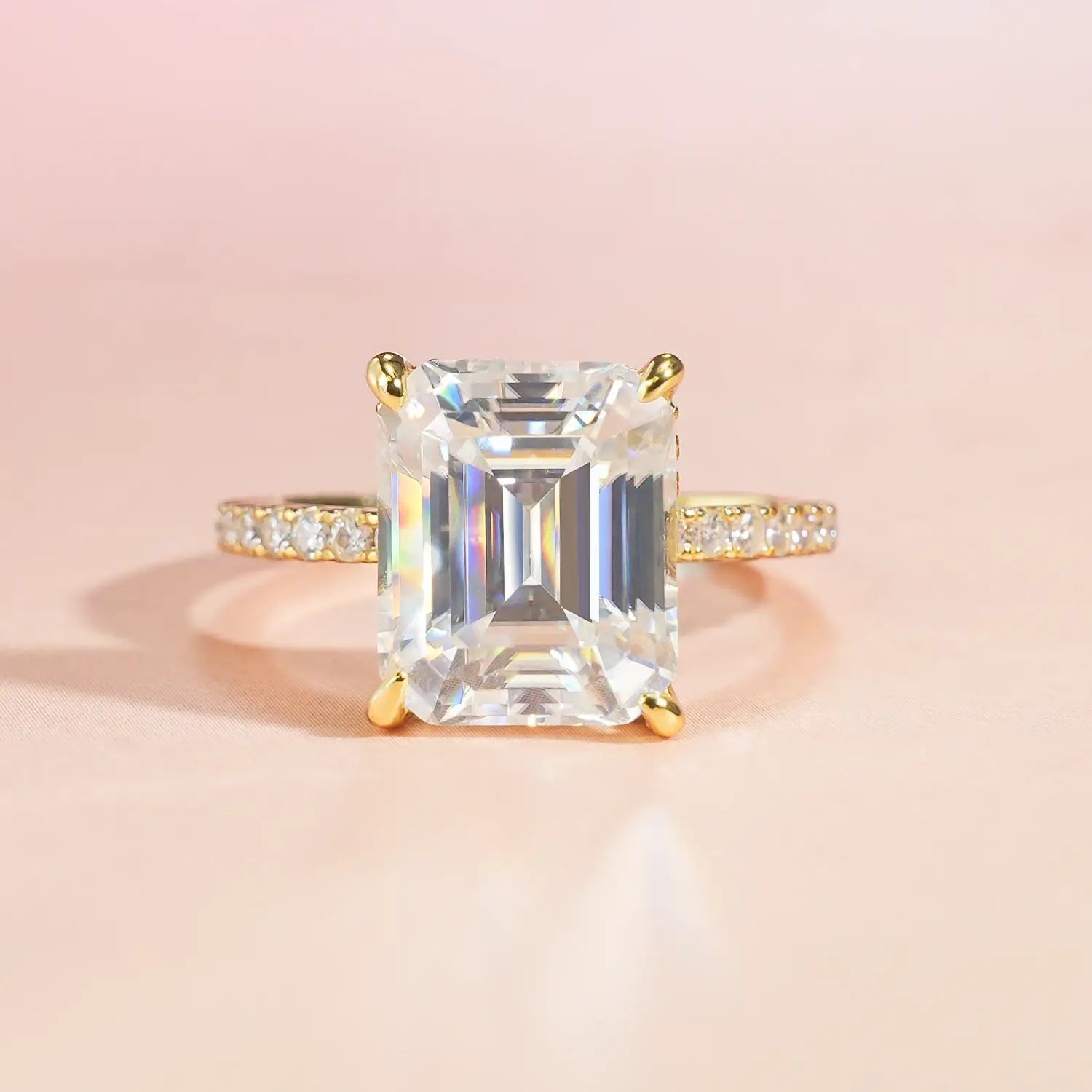 14K Gold Plated Hidden Halo Emerald Cut Moissanite Diamond Accent Engagement Ring