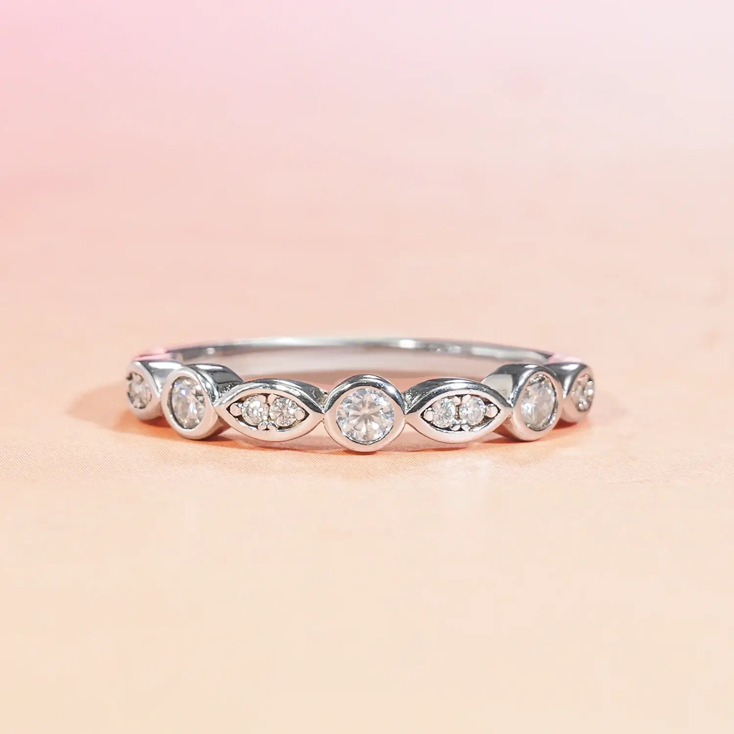 Bezel Set Marquise & Round Moissanite Diamond Ring Wedding Band