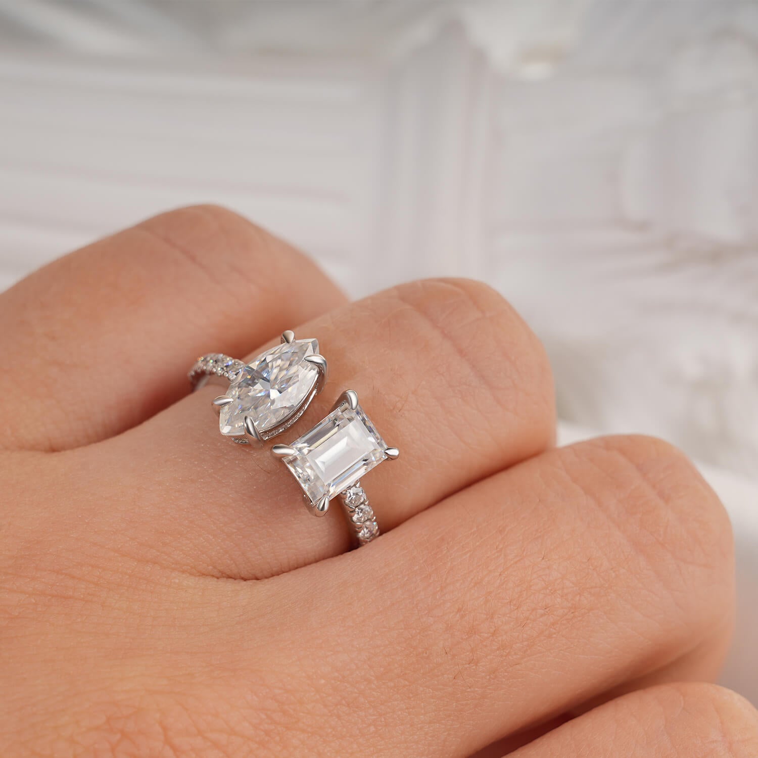Two Stone Marquise & Radiant Shaped Moissanite Diamond Fashion Open Adjustable Ring