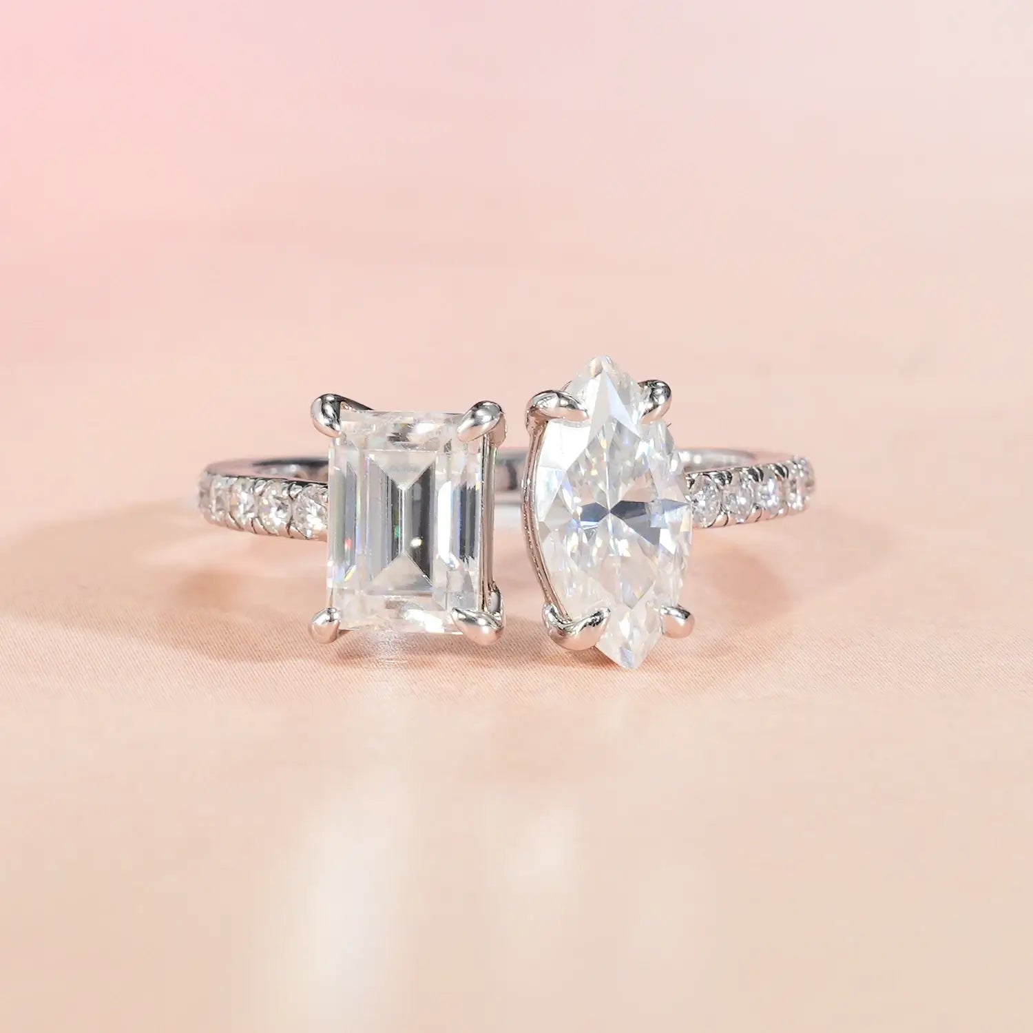 Toi et Moi Marquise & Radiant Shaped Moissanite Diamond Fashion Open Adjustable Ring