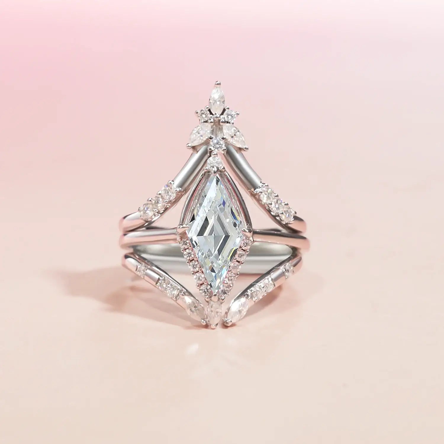 Unique Halo Kite Cut Diamond Bridal Set 14K Gold Plated Moissanite Engagement Ring