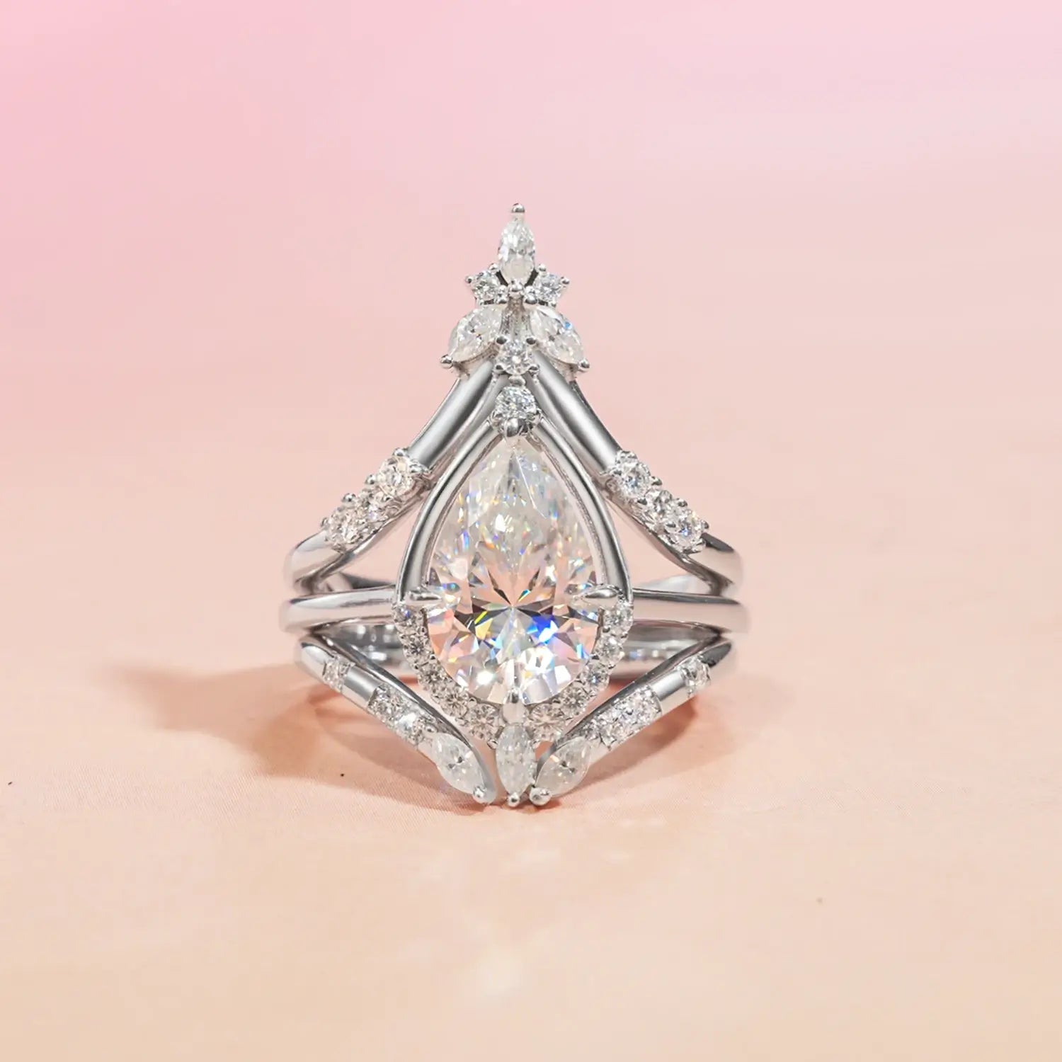 Unique Halo Pear Cut Diamond Bridal Set 14K Gold Plated Moissanite Engagement Ring