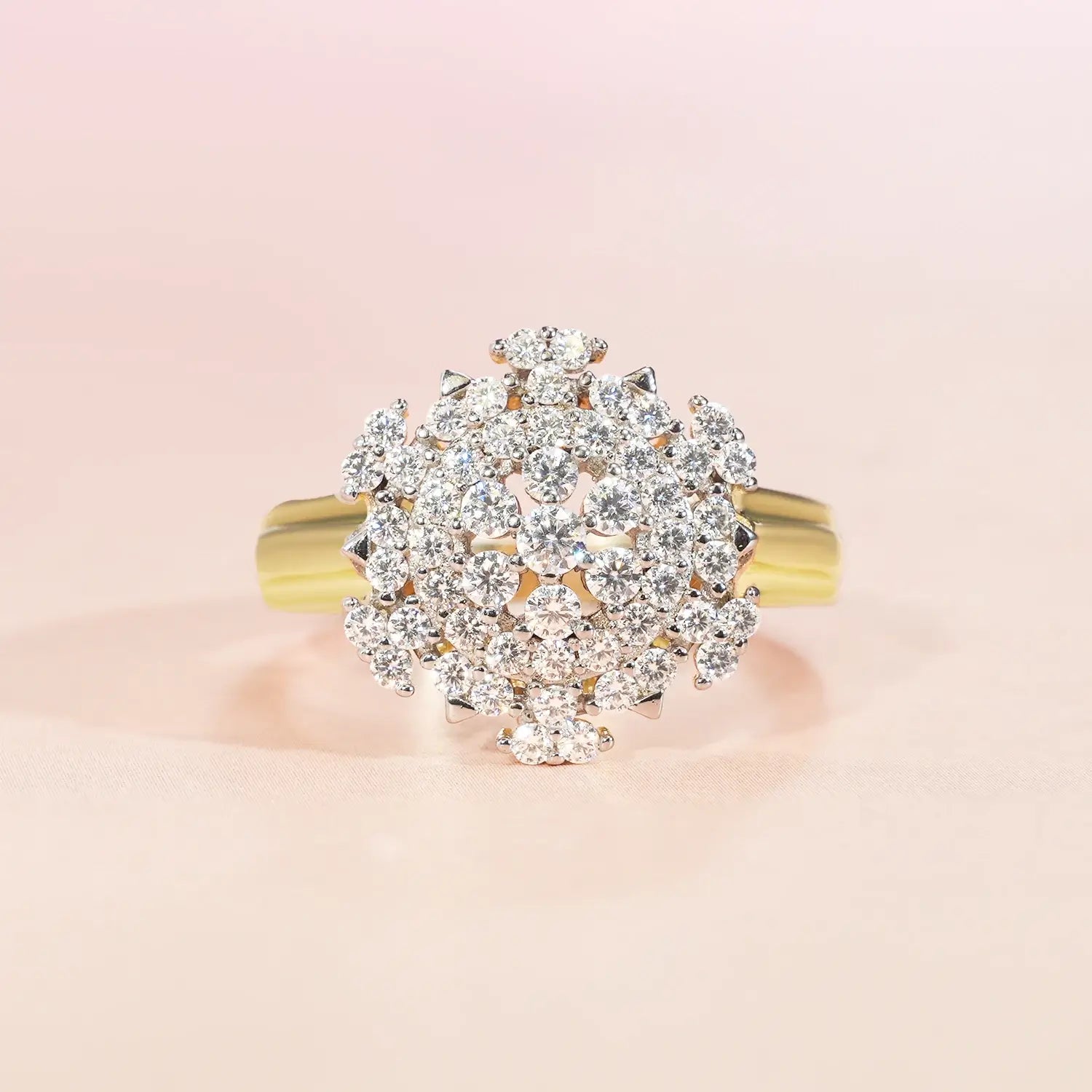 Pave Set Snowflake Cluster Round Brilliant Halo Two-Tone Setting Vintage Style Engagement Ring Wide Ring Band