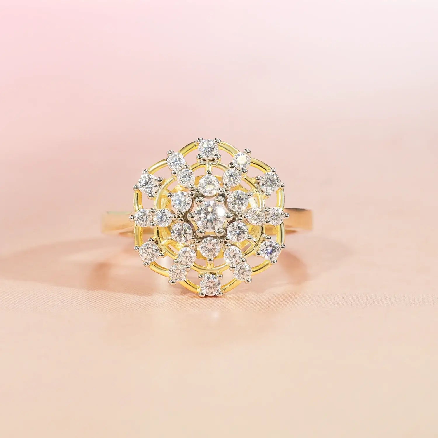 Hexagon Floral Denty Cluster Two-Tone Setting Diamond Vintage Style Engagement Ring