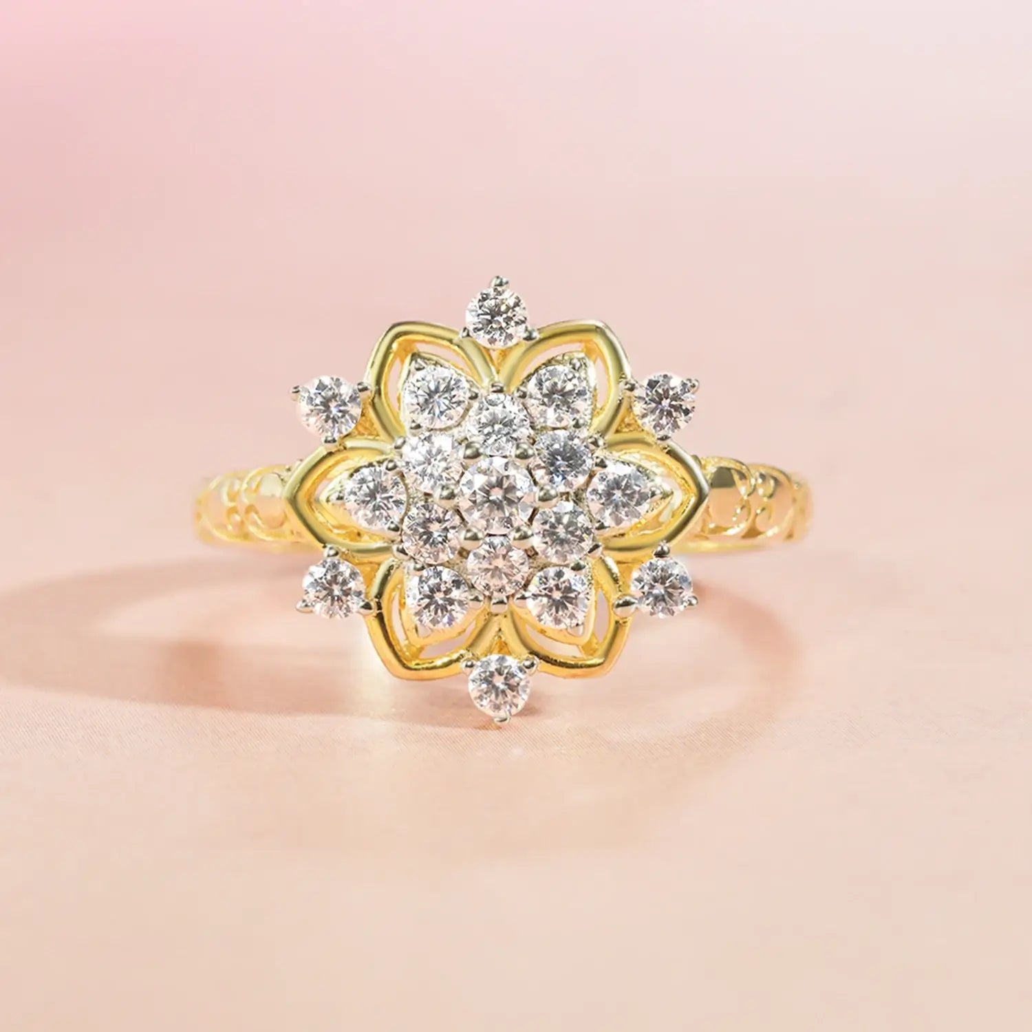 Vintage Style Blooms Cluster Diamond Two-Tone Setting Engagement Ring Vintage Engraved Band