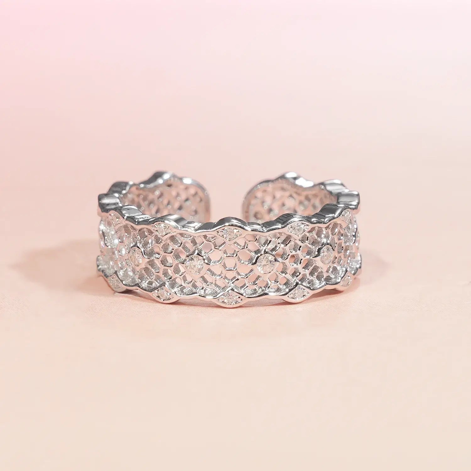 Braided Hollow Intricate Lace Design Diamond Open Fashion Ring
