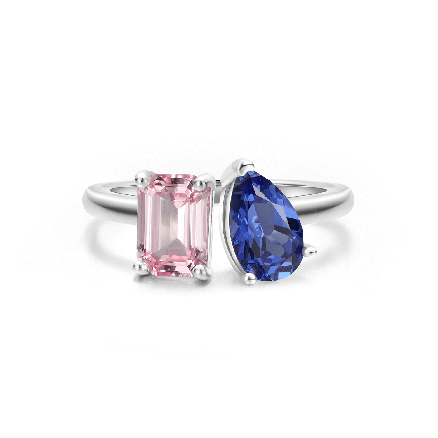 Two Stone Colored Briolette & Emerald Shaped Lab-growm Gems Diamond Fashion Open Ring