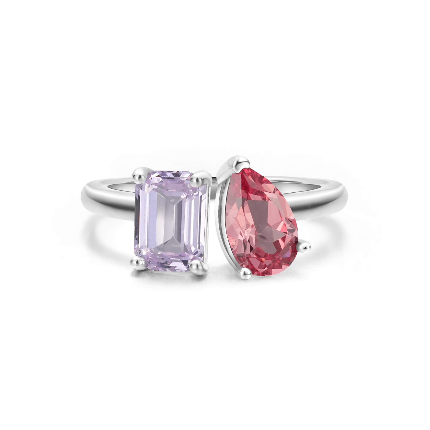 Two Stone Colored Briolette & Emerald Shaped Lab-growm Gems Diamond Fashion Open Ring