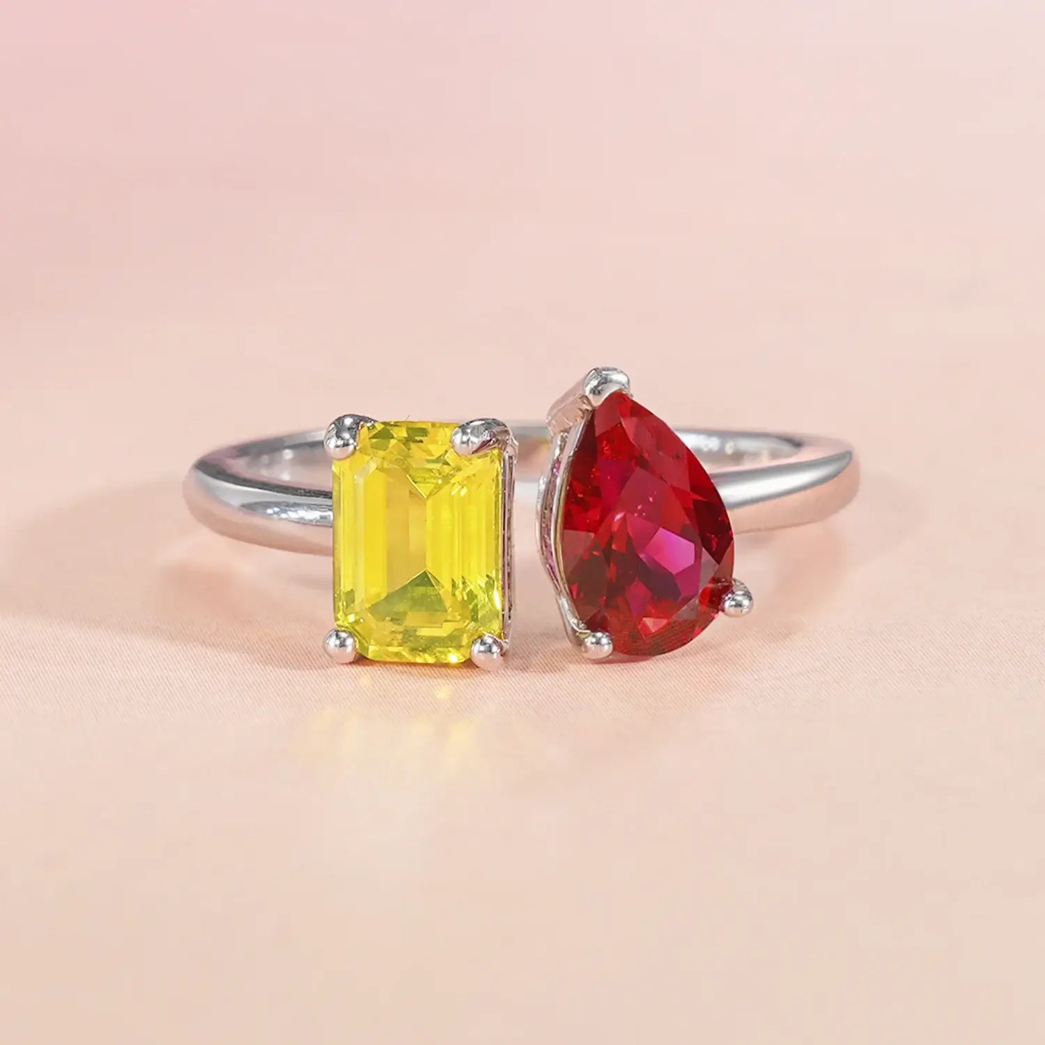 Toi et Moi Colored Briolette & Emerald Shaped Lab-growm Gems Diamond Fashion Open Ring