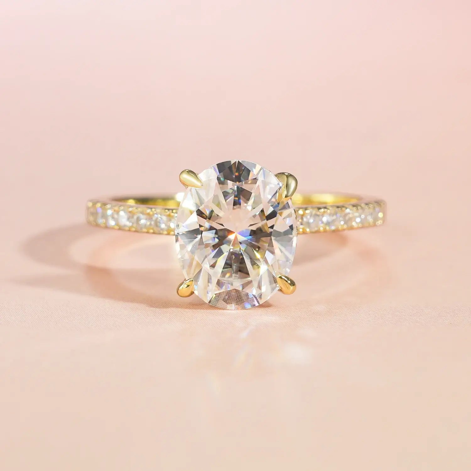 14K Gold Plated Hidden Halo Oval Cut Moissanite Diamond Accent Engagement Ring