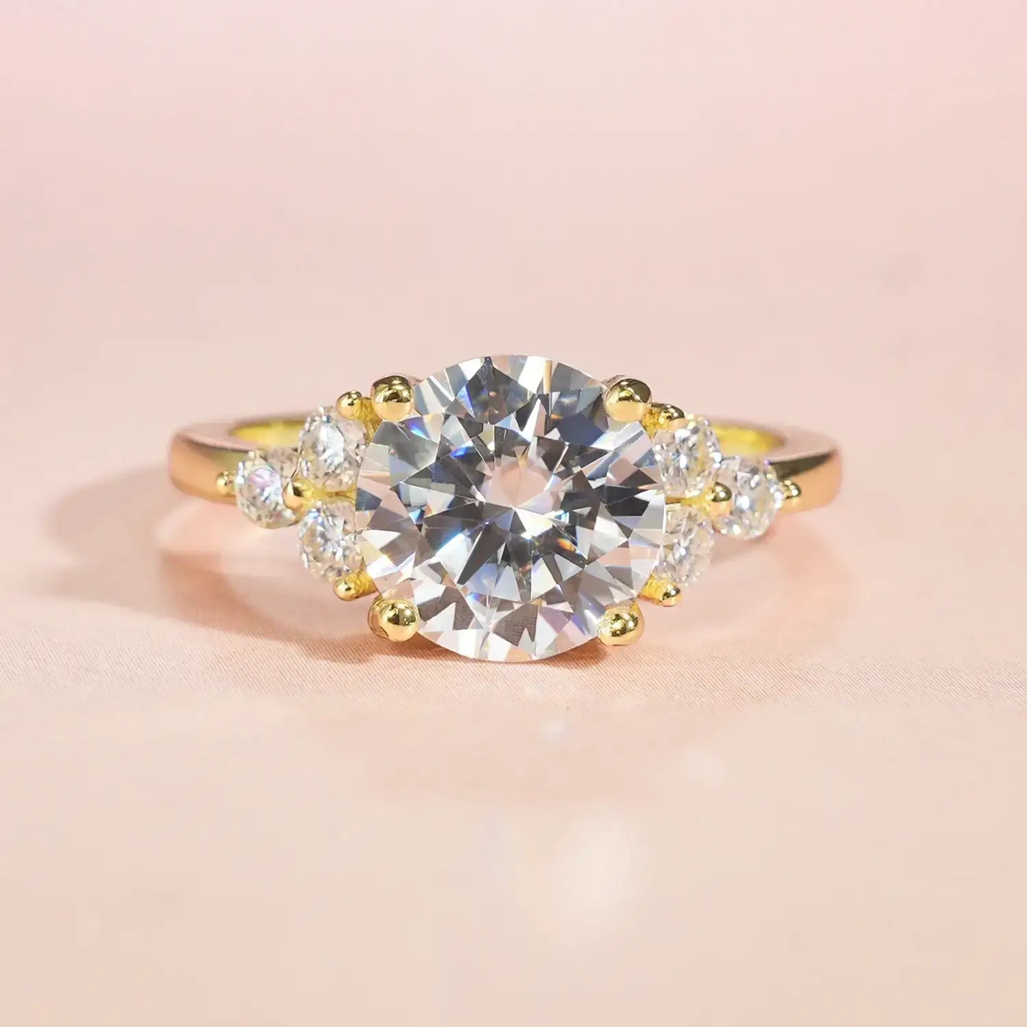 14K Gold Plated Cluster Round Brilliant Cut Moissanite Diamond Engagement Ring