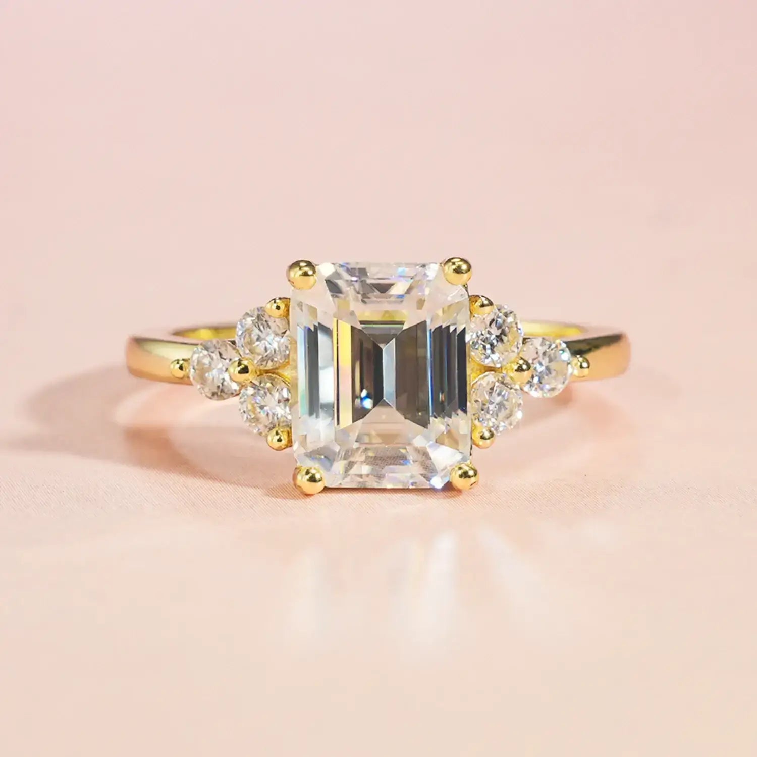 14K Gold Plated Cluster Emerald Moissanite Diamond Engagement Ring