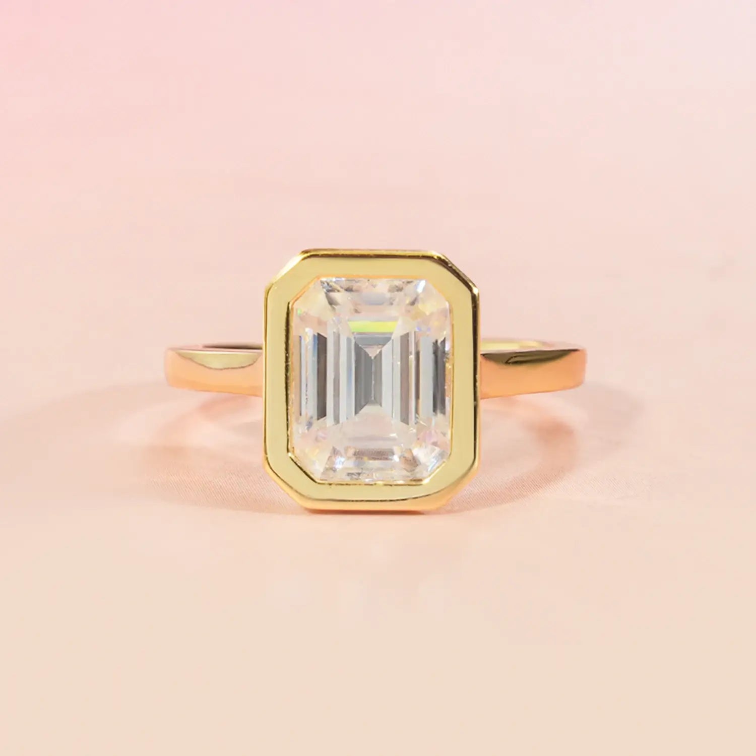 Bezel Set Engagement Ring with 3TC Emerald Cut Diamond Hidden Halo