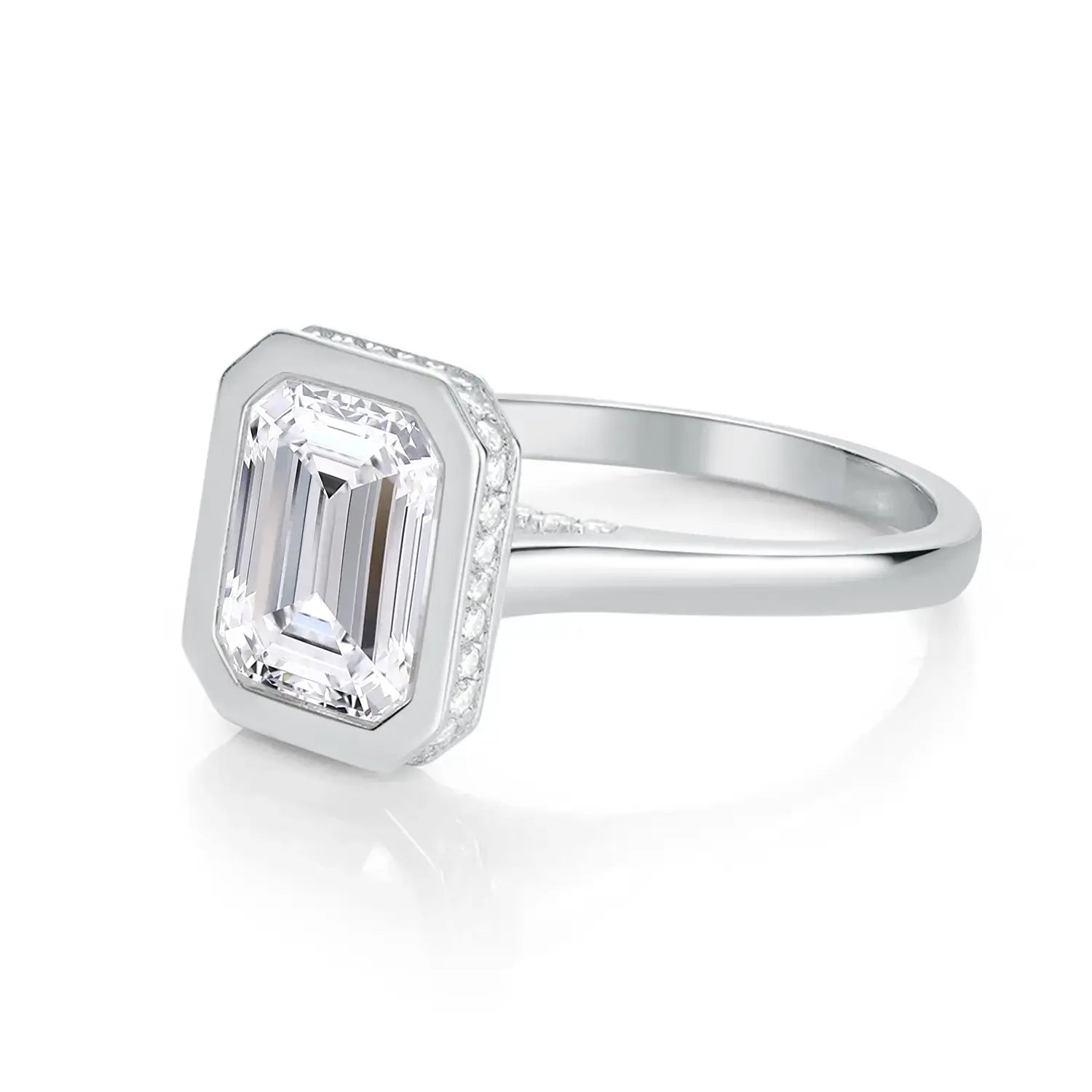 Bezel Set Engagement Ring with 3TC Emerald Cut Diamond Hidden Halo