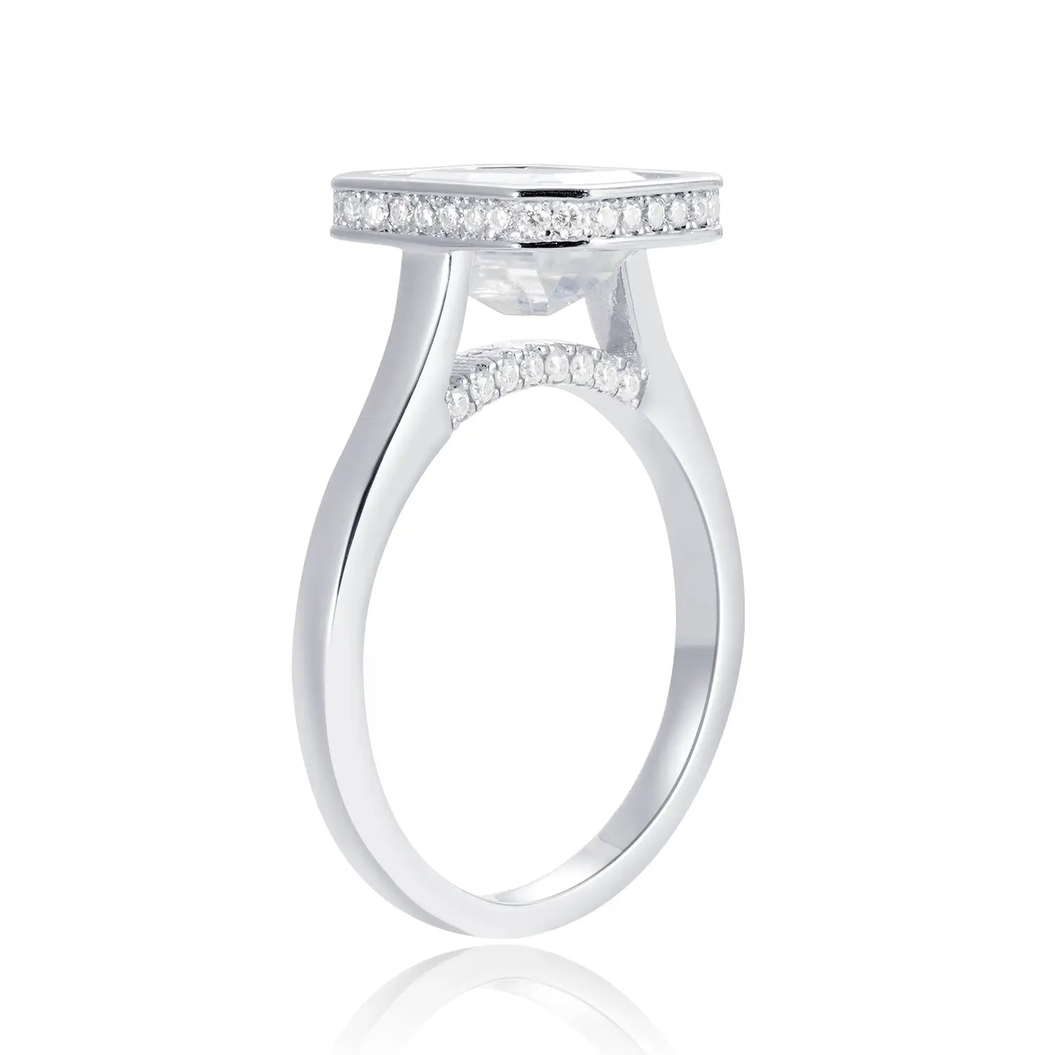 Bezel Set Engagement Ring with 3TC Emerald Cut Diamond Hidden Halo