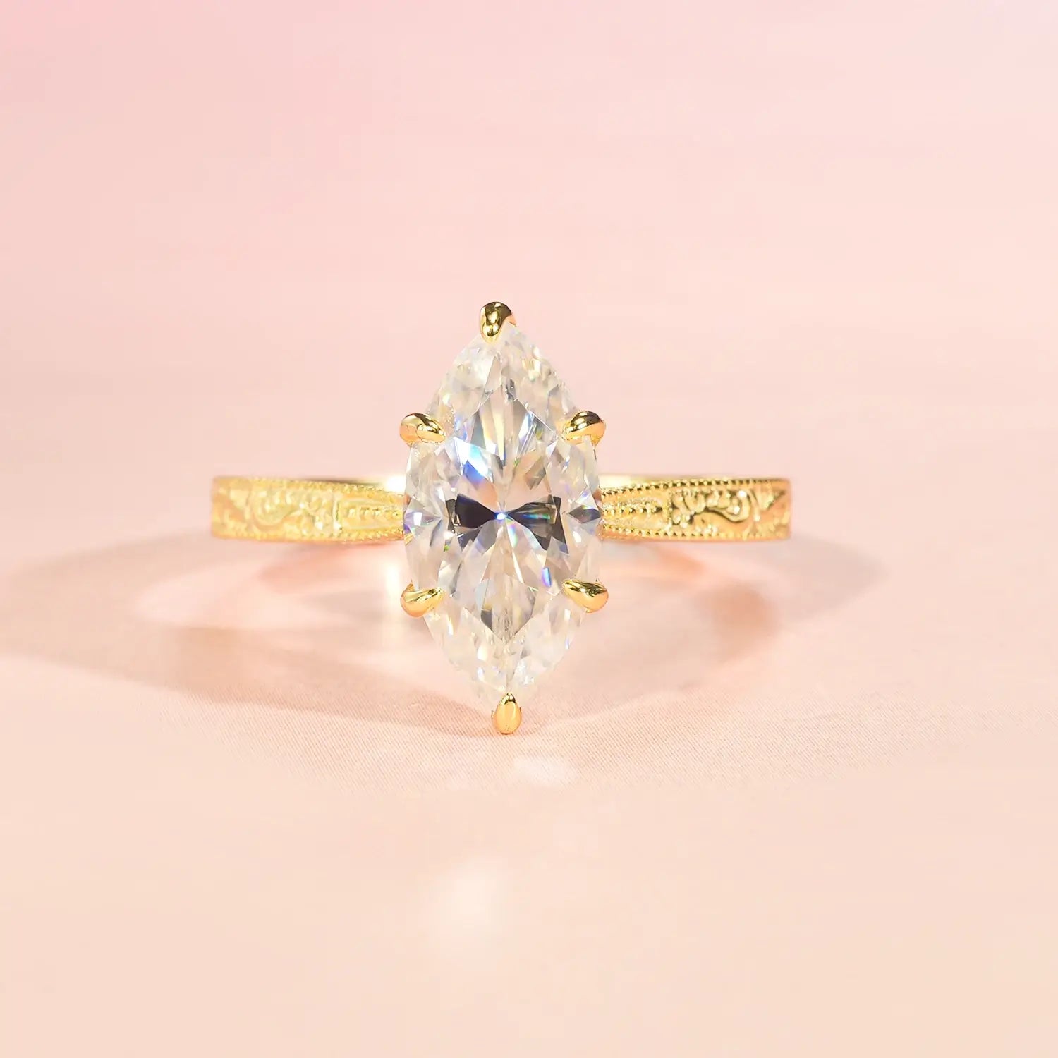 2.5CT Marquise Cut Moissanite Diamond Engraved Engagement Ring