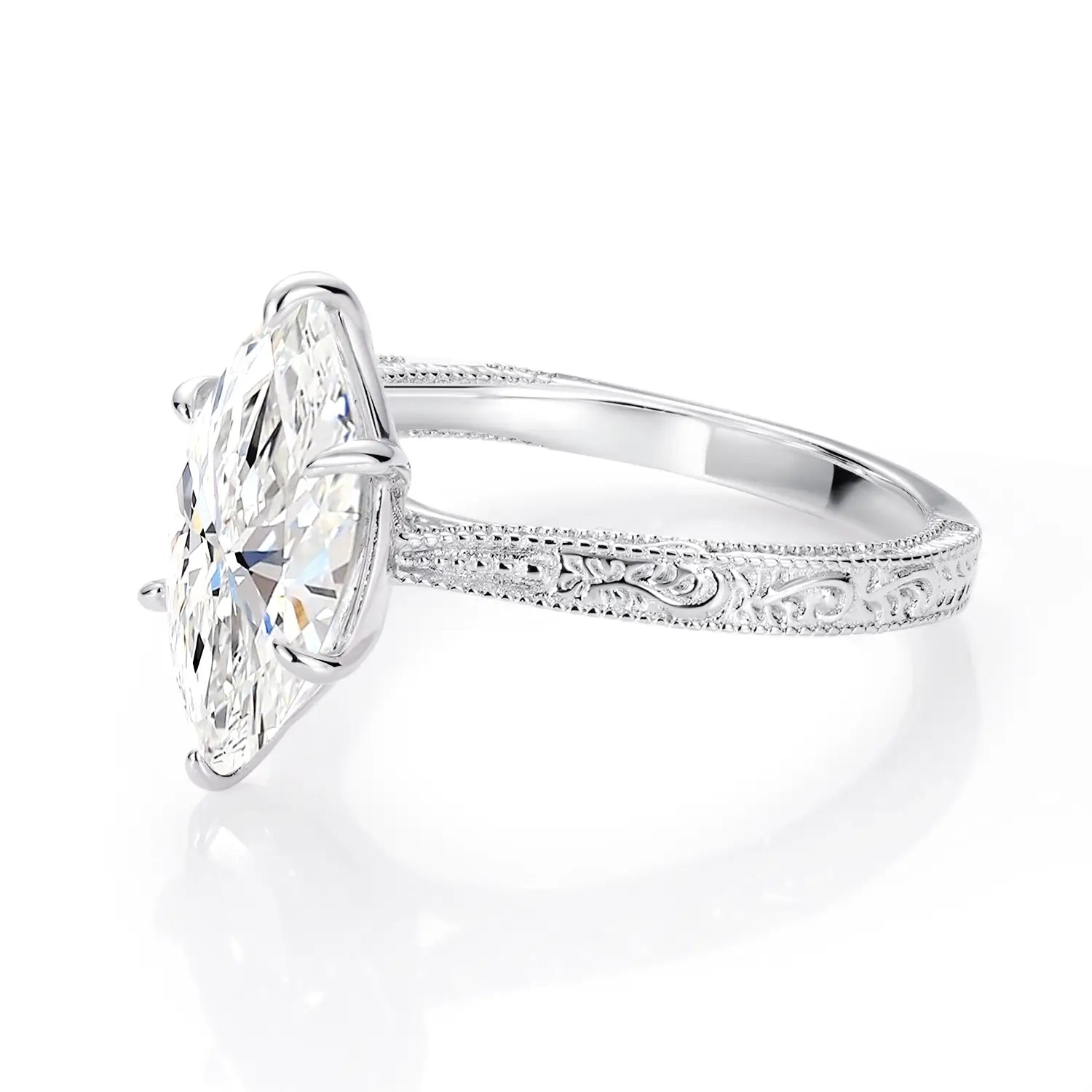 2.5CT Marquise Cut Moissanite Diamond Engraved Engagement Ring