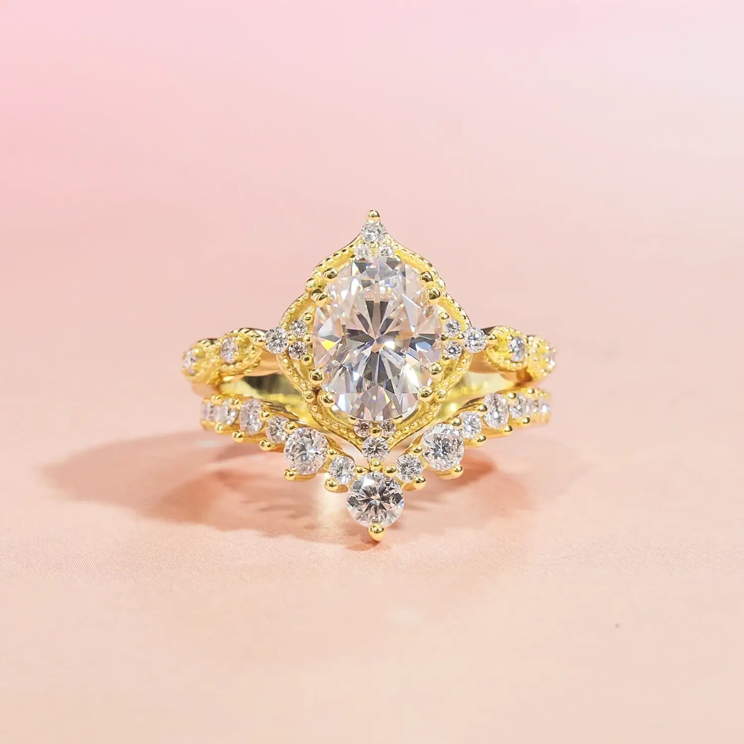 Vintage Luxury Style Oval Cut Moissanite Diamond Engagement Ring Bridal Set